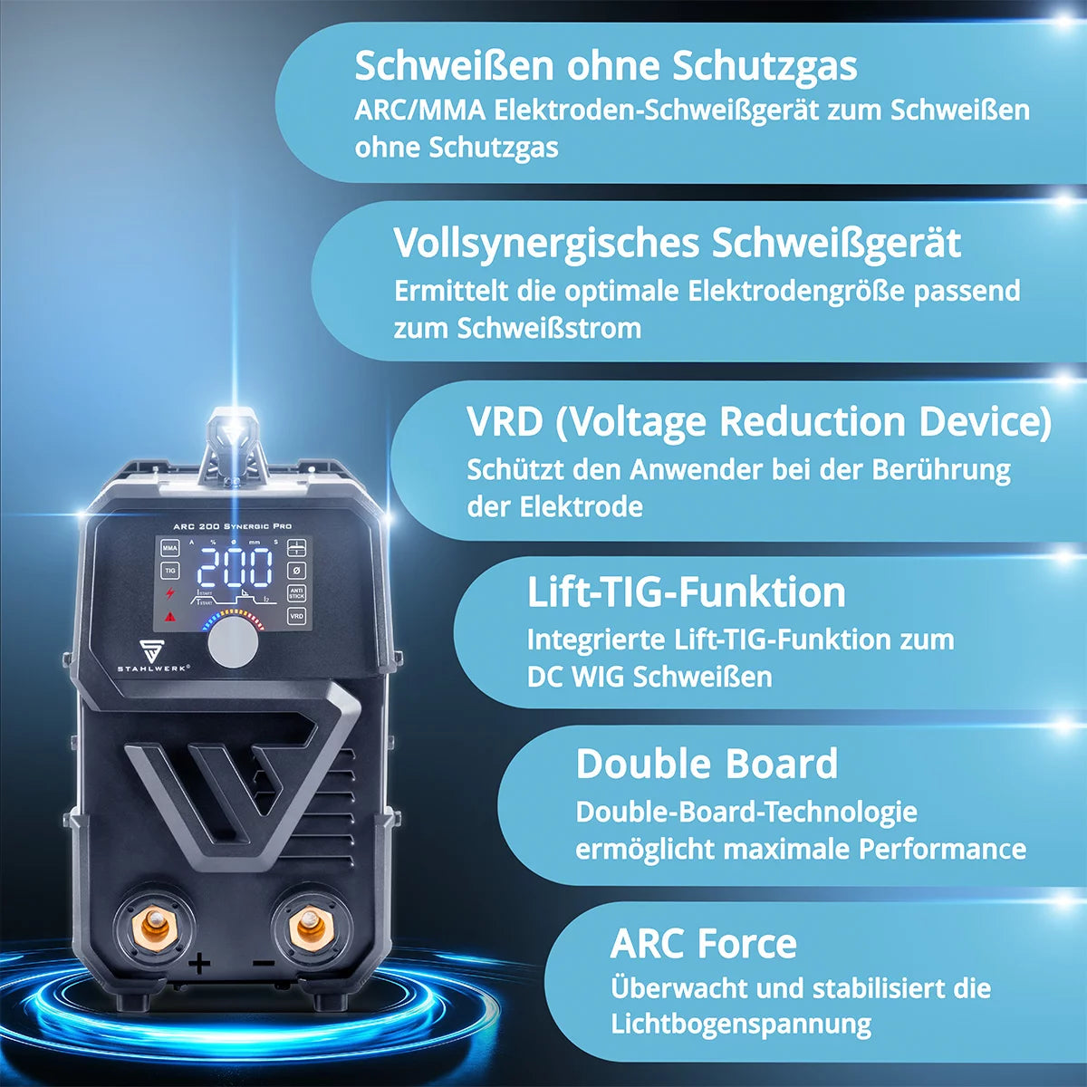 STAHLWERK ARC 200 Synergic Pro Electrode Welding Machine, MMA entièrement synogie | E-main | Onduleur de lifting-tig avec une technologie de 200 ampères et IGBT