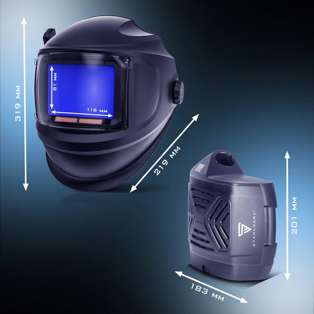 Casco de soldadura automático STAHLWERK 3 en 1 MASTER AIR | Casco de soldadura con suministro de aire fresco | Mando a distancia Bluetooth | Reproducción de color verdadero | Oscurecimiento DIN 4 hasta DIN 14 | Clase óptica 1/1/1/1