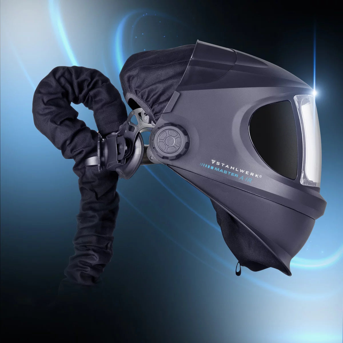 Casco de soldadura automático STAHLWERK 3 en 1 MASTER AIR | Casco de soldadura con suministro de aire fresco | Mando a distancia Bluetooth | Reproducción de color verdadero | Oscurecimiento DIN 4 hasta DIN 14 | Clase óptica 1/1/1/1