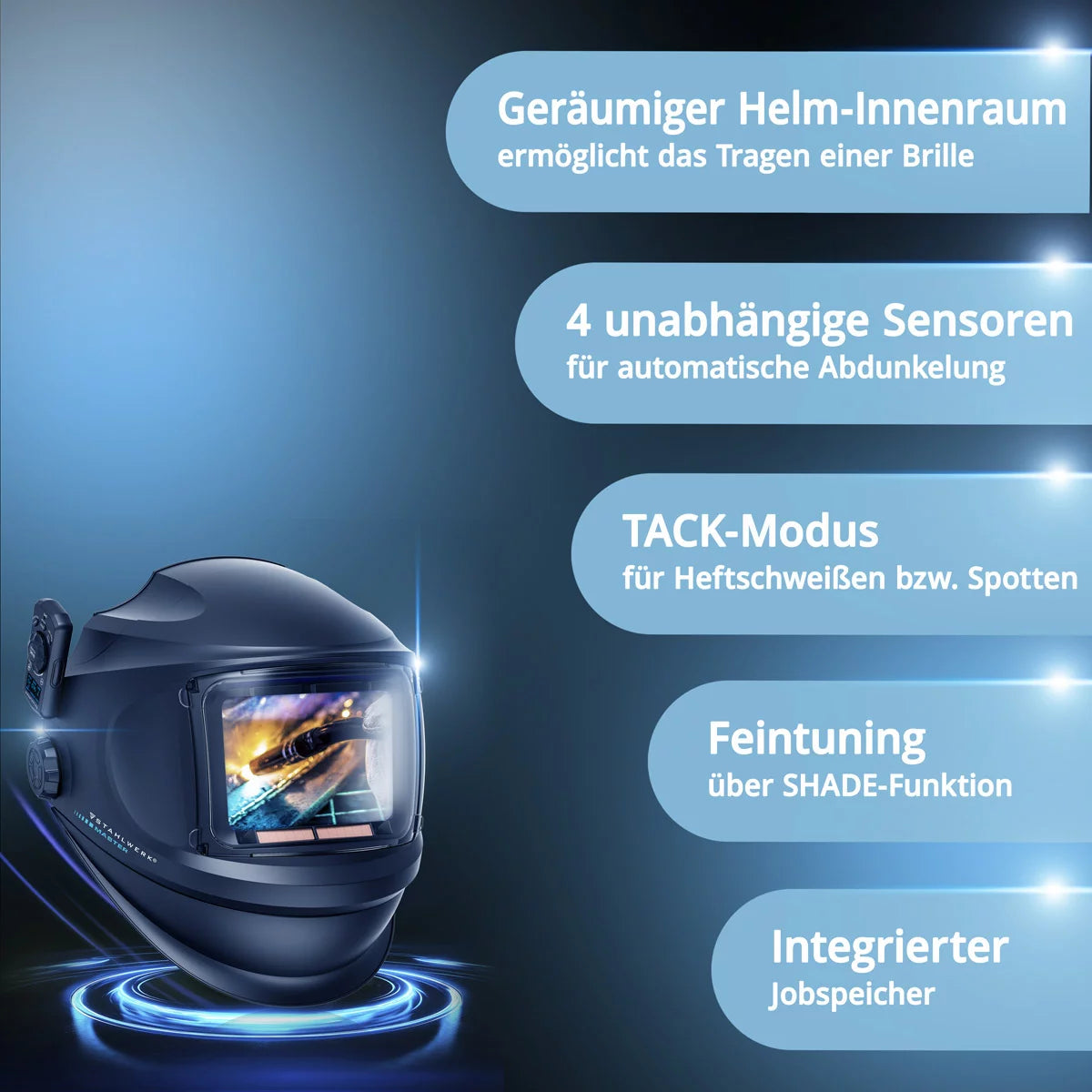 STAHLWERK 3-in-1 Automatik-Schweißhelm MASTER AIR | Schweißhelm mit Frischluftzufuhr | Bluetooth-Fernsteuerung | True-Colour-Farbwiedergabe | Abdunkelung DIN 4 bis DIN 14 | Optische Klasse 1/1/1/1