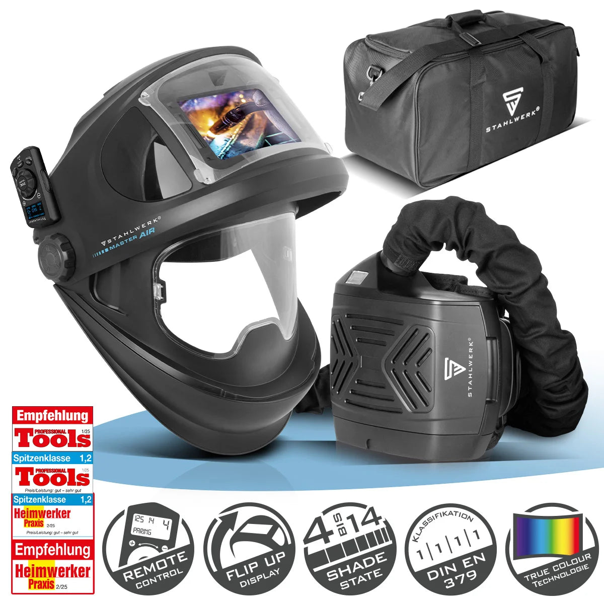 STAHLWERK 3-in-1 Automatik-Schweißhelm MASTER AIR | Schweißhelm mit Frischluftzufuhr | Bluetooth-Fernsteuerung | True-Colour-Farbwiedergabe | Abdunkelung DIN 4 bis DIN 14 | Optische Klasse 1/1/1/1