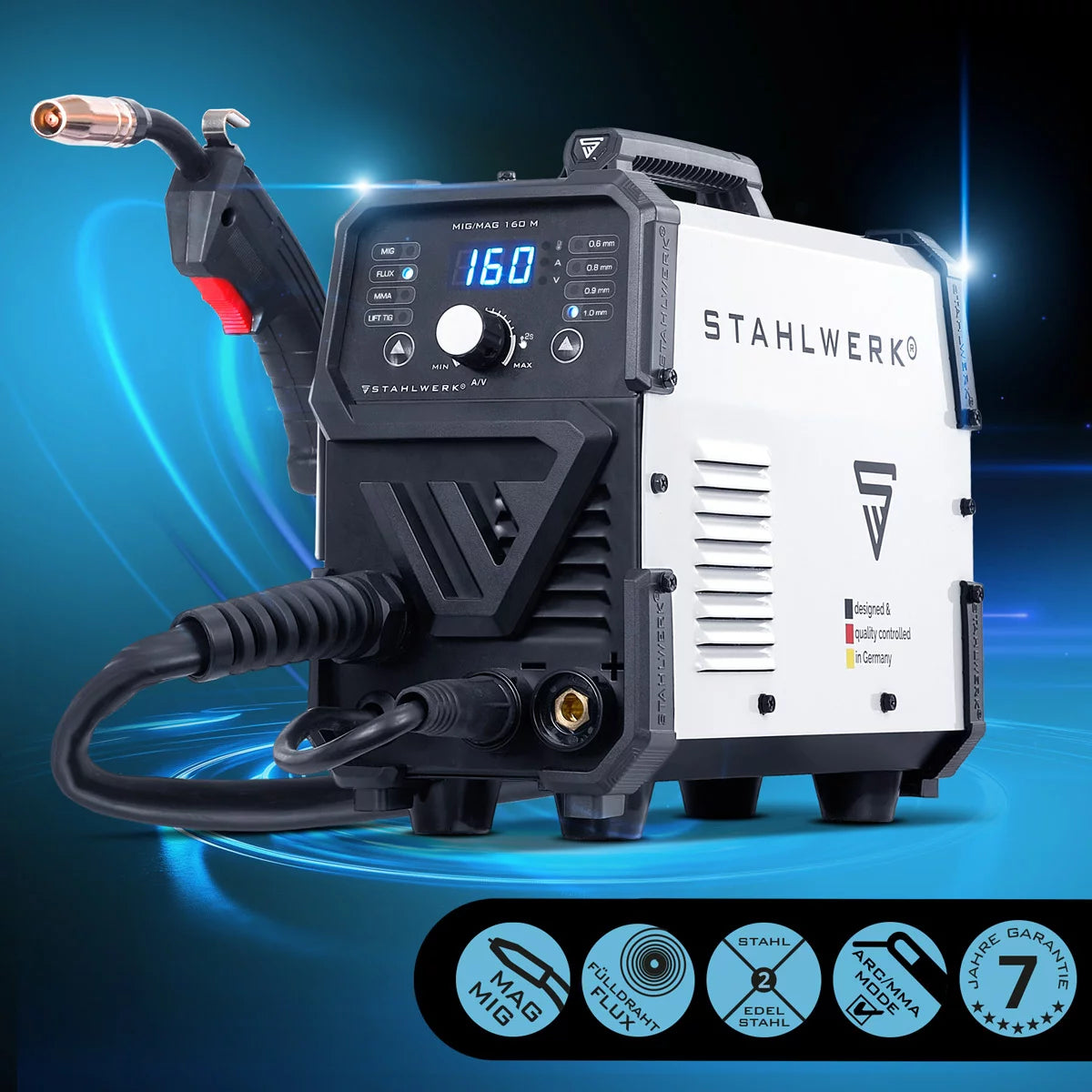 STAHLWERK MIG/MAG 160 M welding machine Fully synergic 5 in 1 combination device with real 160 amps and 2 rolls of drive/cored wire, MIG MAG, ARC MMA, Lift TIG