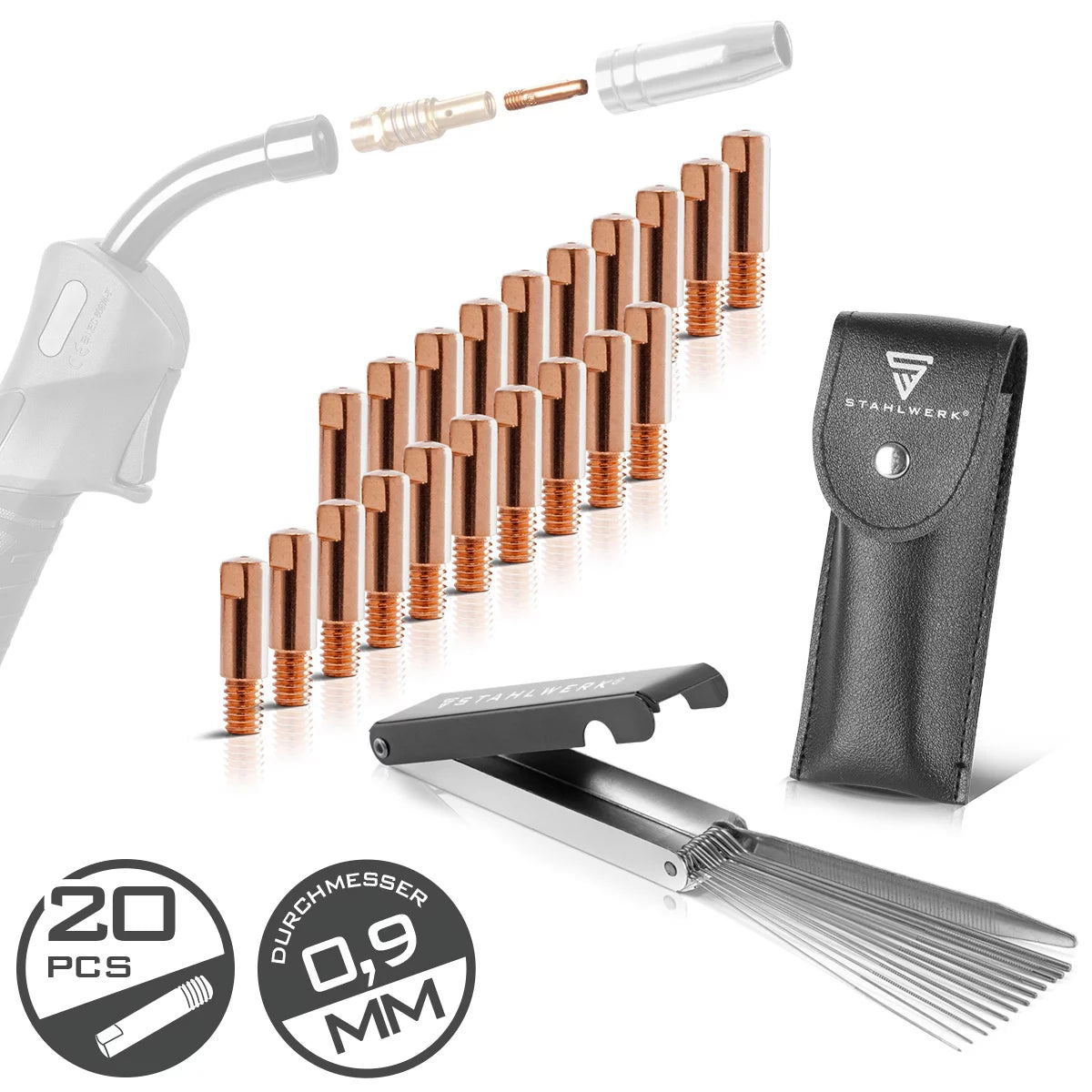 STAHLWERK MIG MAG Stromdüsen-Set | 20er Set Stromdüsen M6x25 0,9 mm |13-in-1 Düsenreiniger im Etui | Zubehör für AK15, MB15, AK14, MB14 | Reinigungs- und Verschleißteile-Set für MIG/MAG-Schweißbrenner