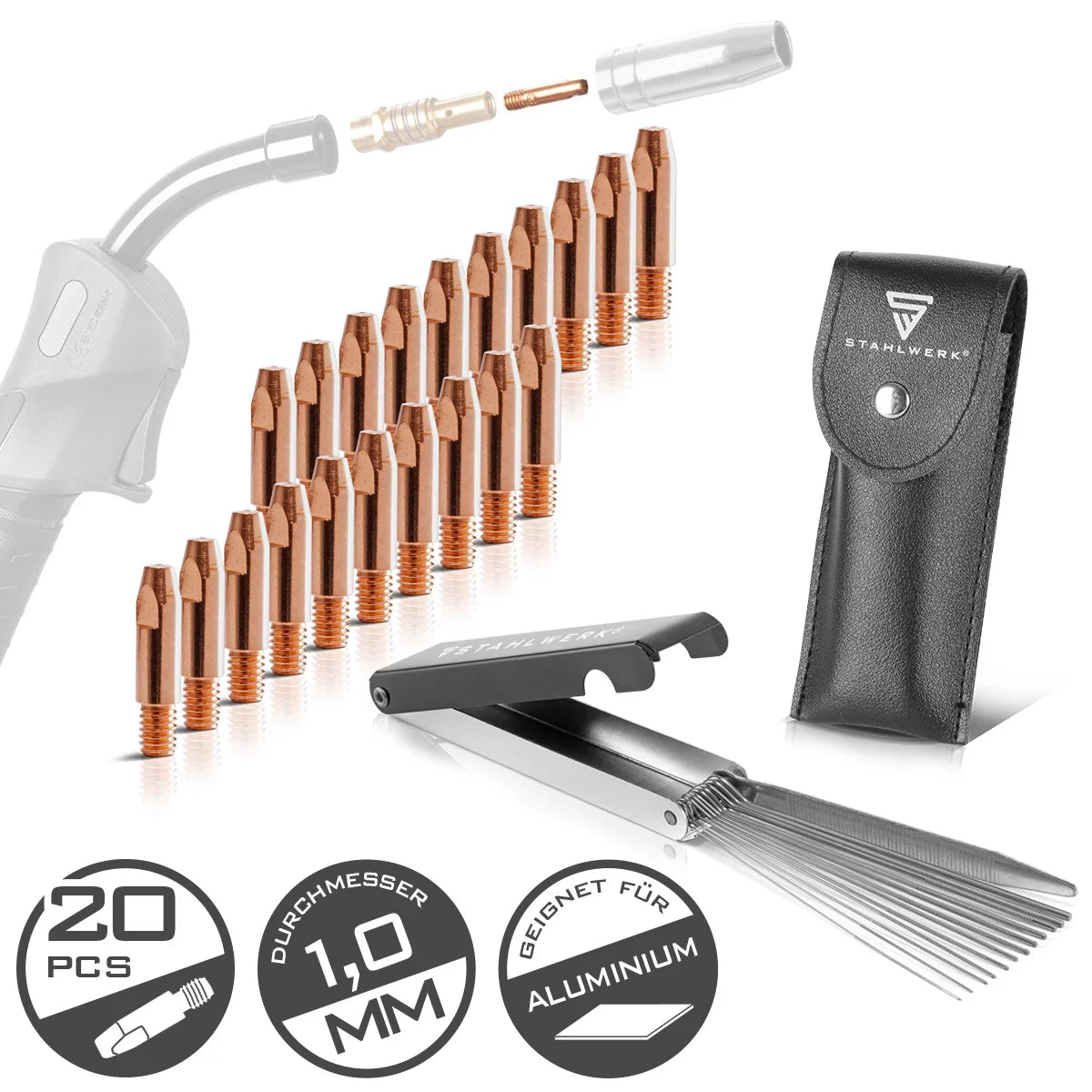 Set punte di contatto STAHLWERK MIG MAG per alluminio | Set di 20 punte di contatto M6x28 1,0 mm | Pulitore per ugelli 13 in 1 in custodia | AK25, MB25, KD24, MB24 | Set di parti di pulizia e usura per torce di saldatura MIG/MAG