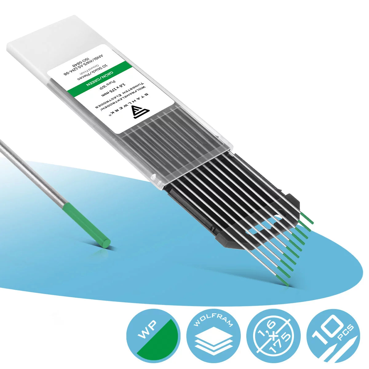 Steelwork tungsten electrodes WP green 1.6 mm x 175 mm 10 pieces