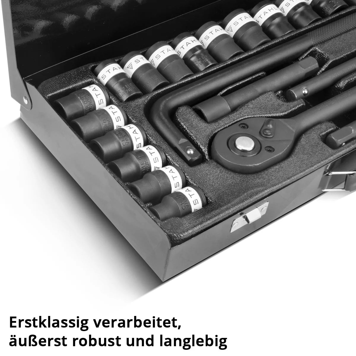 STAHLWERK Steckschlüssel-Satz 24-teiliger Knarrenkasten | Ratschen-Set | Steckschlüssel-Set | Stecknuss-Satz | Ratschenkasten | Steckschlüsselkasten mit 1/2" Umschaltknarre, Stecknüssen und Zubehör