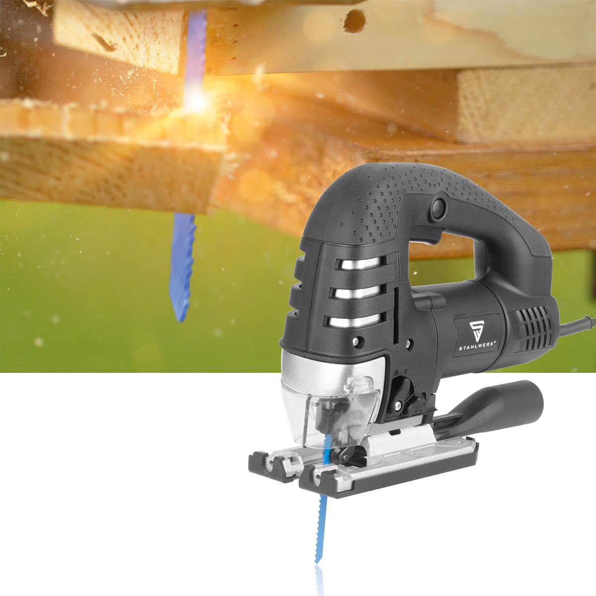 Stahlwerk Stab Saw JSB -750 St con 700 W, 600 - 2,800 rpm y 45 ° Angle de inclinación Sierra eléctrica | Péndulo sierra | Sierra de trazo de péndulo con riel guía para aserrar madera, metal y plástico