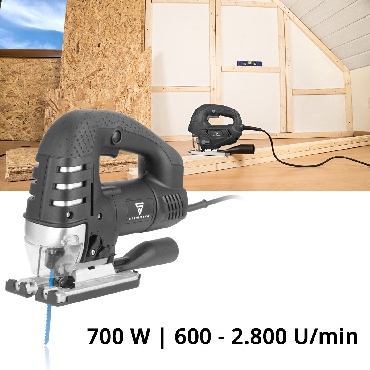 Stahlwerk Stab Saw JSB -750 St con 700 W, 600 - 2,800 rpm y 45 ° Angle de inclinación Sierra eléctrica | Péndulo sierra | Sierra de trazo de péndulo con riel guía para aserrar madera, metal y plástico