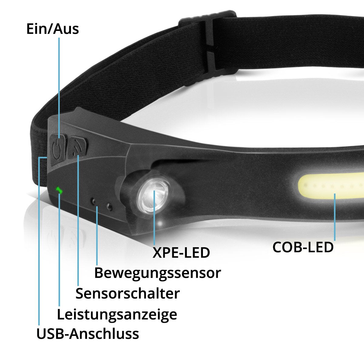 Lámpara LED de acero ALS-350 ST Potente Lámpara de luz / luz de trabajo / frente con batería integrada, conexión USB-C, 5 modos de luz y sensor