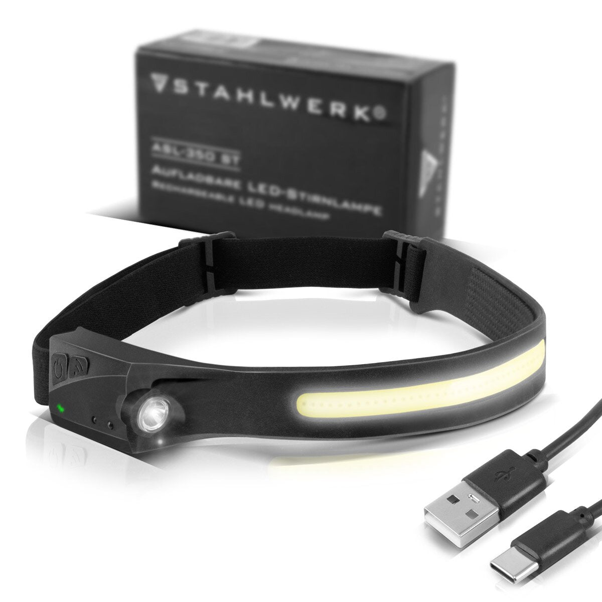 Lampada LED in acciaio ALS-350 ST POTENTE LUCE DI TESTA / LAVOGNO DI LAVORO / FROFERA CON BATTERE INGETRATA, COLLEGAMENTO USB-C, 5 modalità di luce e sensore