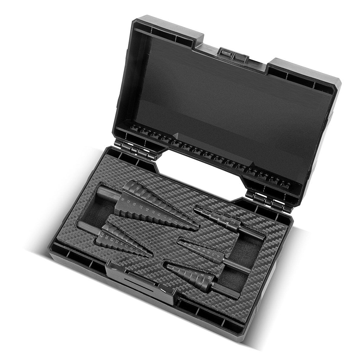 SEMINA SEMINGE HSS STEP / CONE SET 5 PAZI A CON IL MODO TIALN, PROPRIETÀ DI AZZAZIONE / METALE Abbassamento per perforazione precisa di acciai in lega e non legati, inclusa la scatola di deposito in plastica