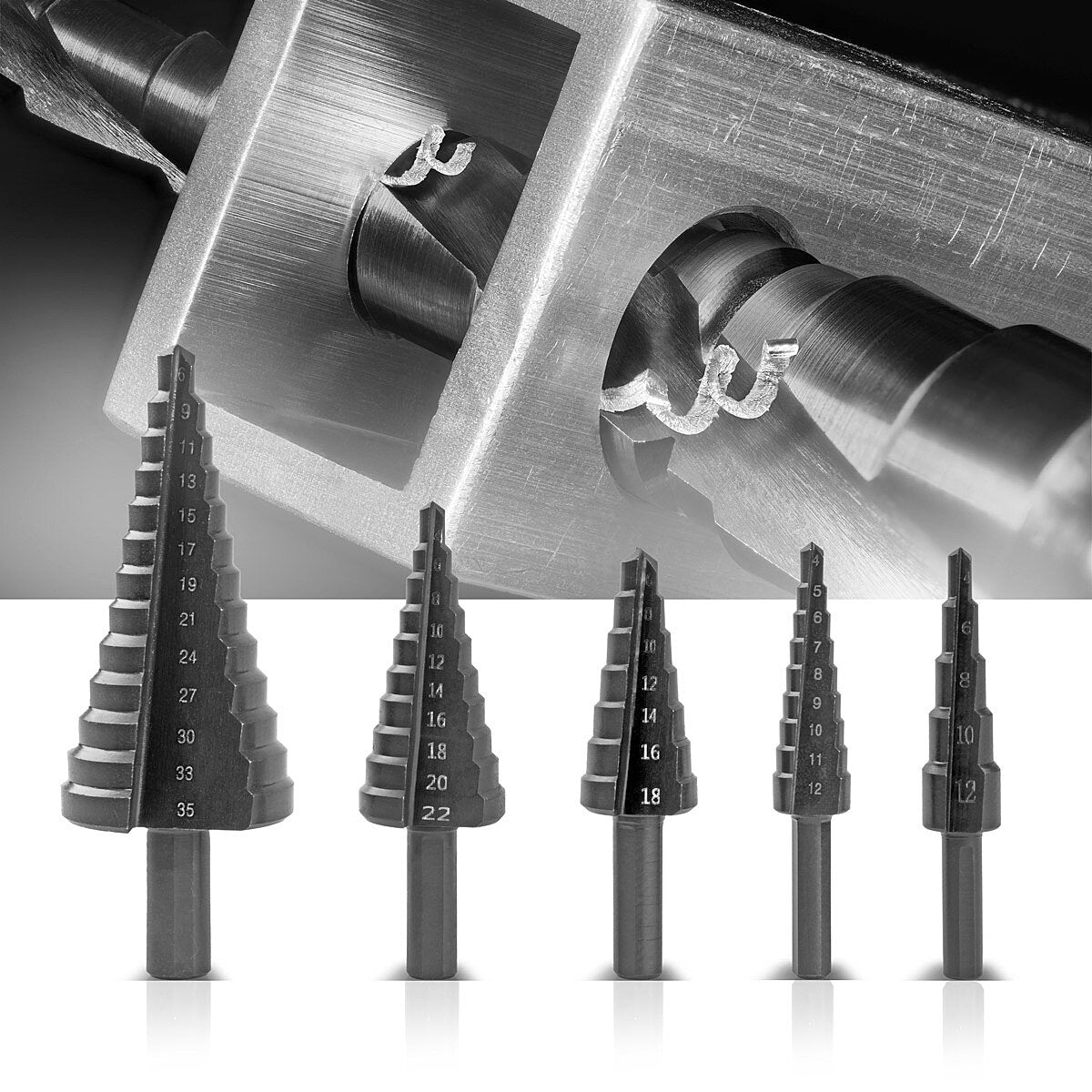 SEMINA SEMINGE HSS STEP / CONE SET 5 PAZI A CON IL MODO TIALN, PROPRIETÀ DI AZZAZIONE / METALE Abbassamento per perforazione precisa di acciai in lega e non legati, inclusa la scatola di deposito in plastica