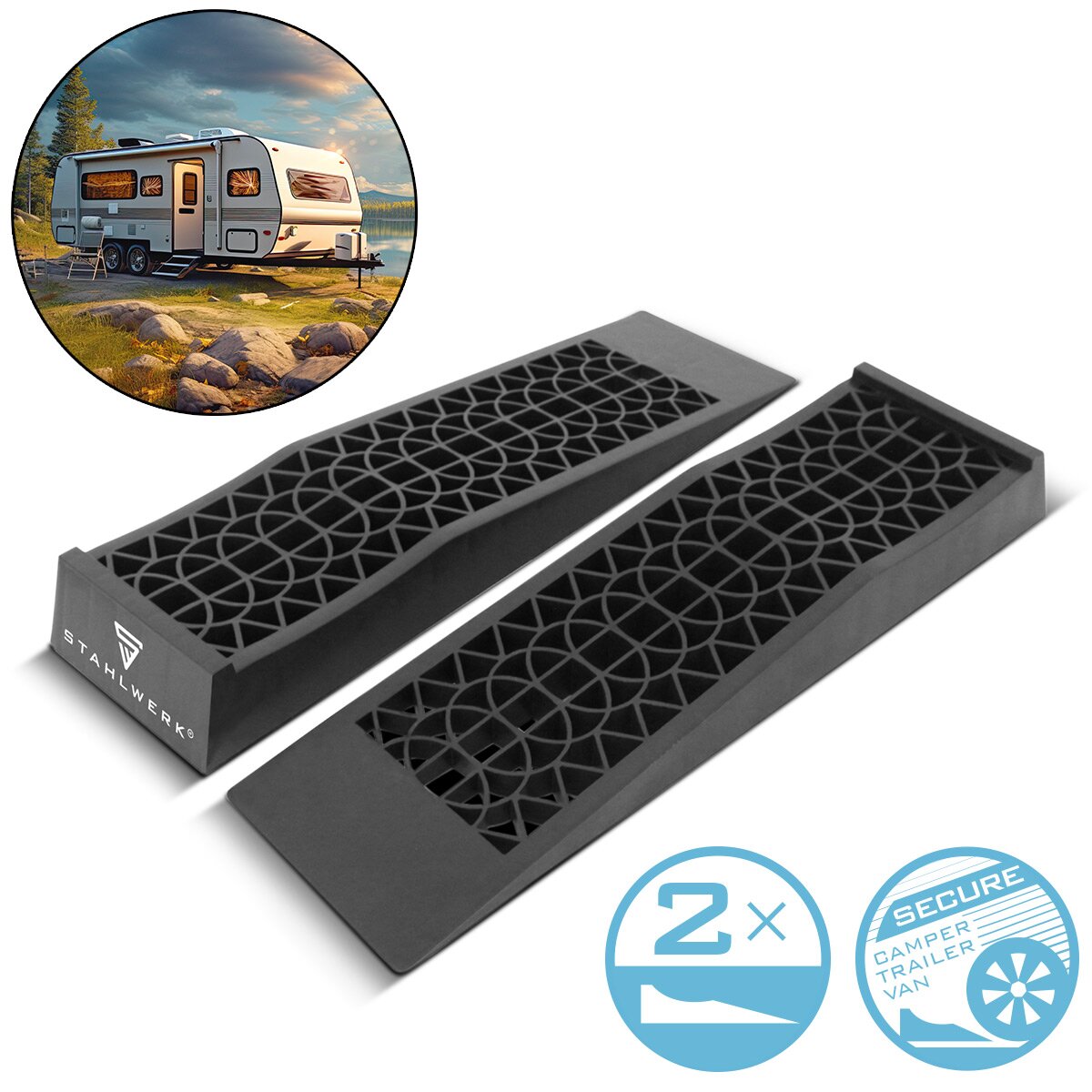 STAHLWERK Stufenkeil GT-13 ST 2er Set mit 3 t Tragkraft 700 x 200 x 78 mm Auffahrkeil | Unterlegkeil | Auffahrrampe | Auffahrbock | Ausgleichkeil für Wohnmobil, Caravan, Wohnwagen oder Anhänger