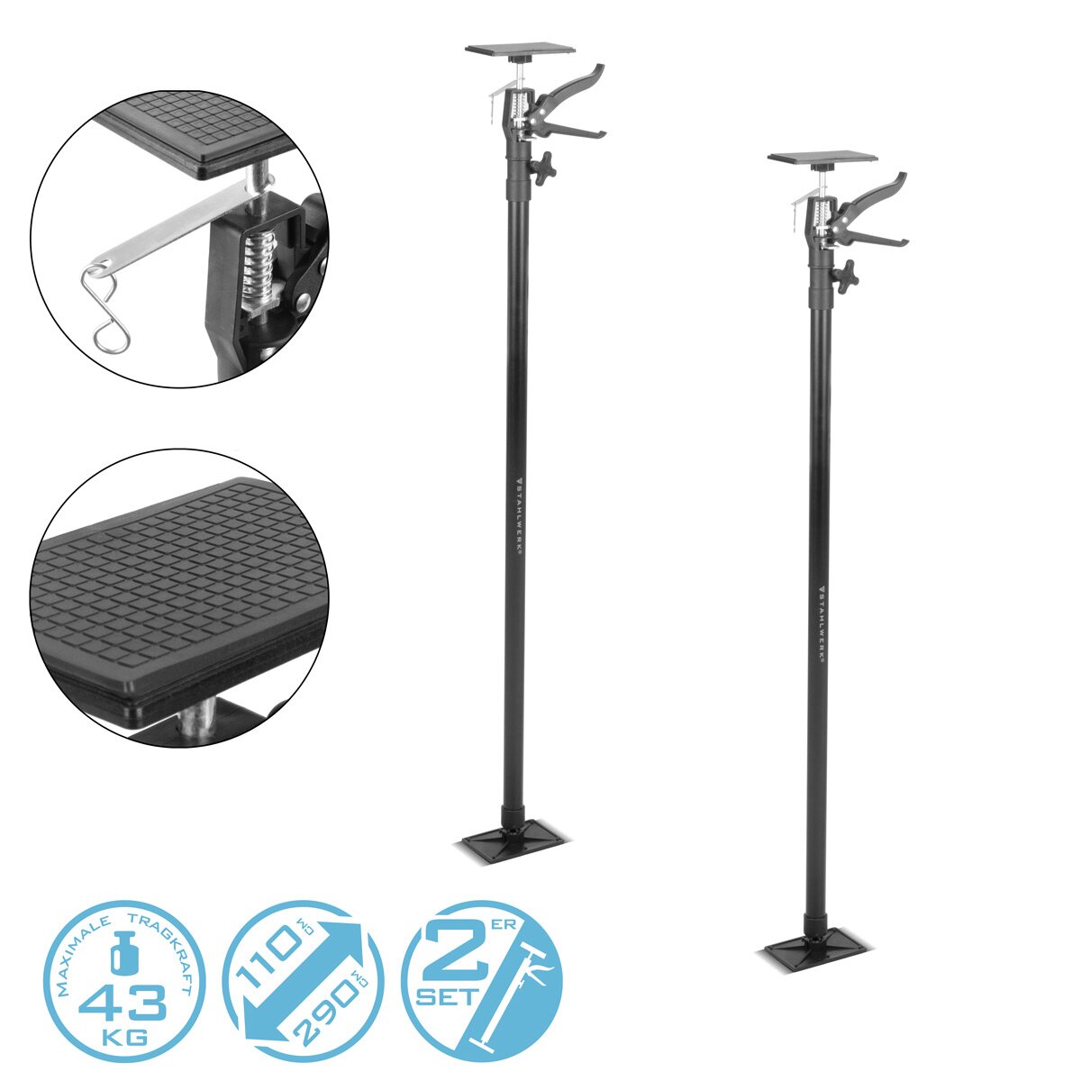 Barra de soporte telescópico Stahlwerk 2 Conjunto 110-290 cm con 43 kg de capacidad de montaje de capacidad de carga | Baustützen | Soporte telescópico | Tensor de la puerta | Soporte de techo | Soporte de tensión | Soporte de una mano | Rápido