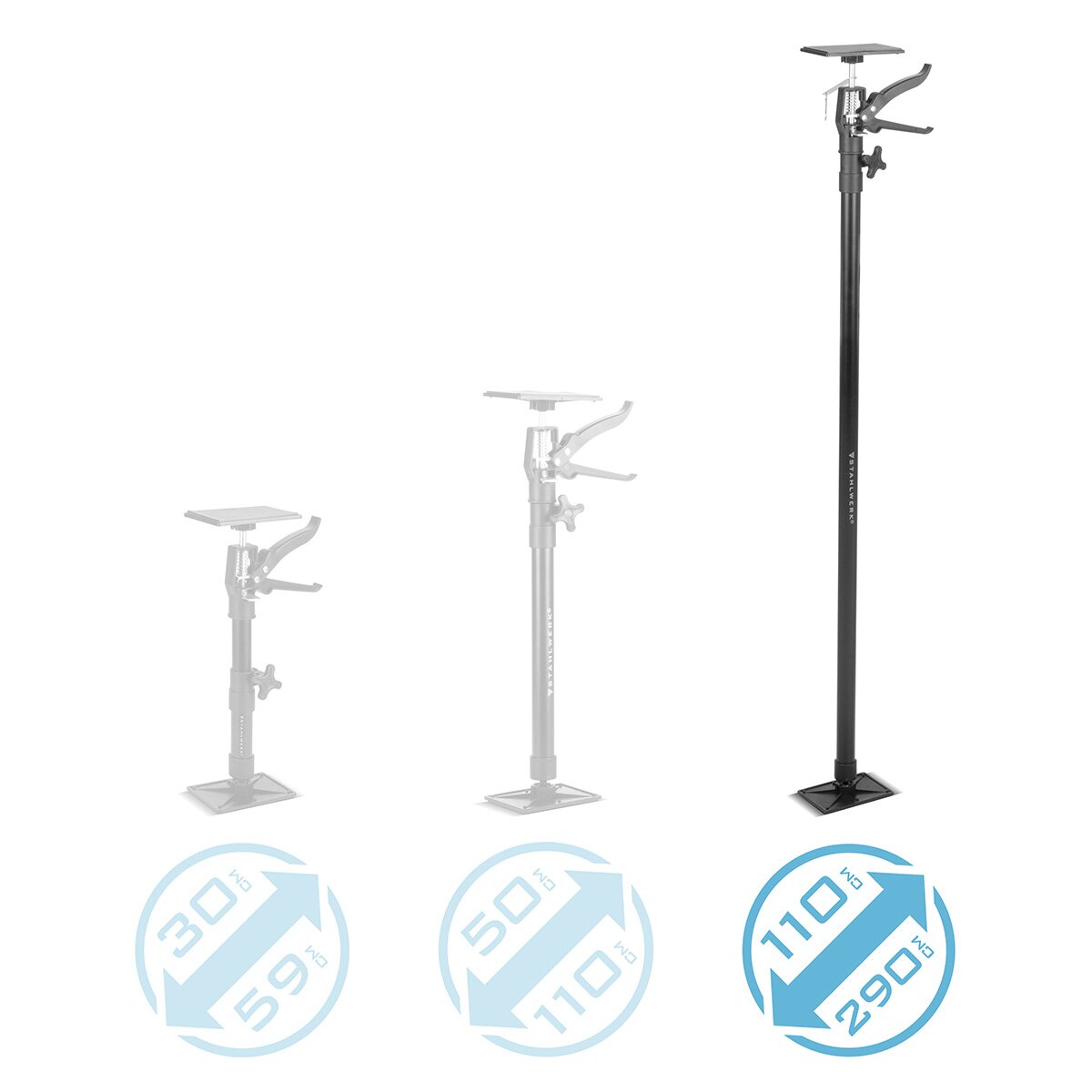 Barra de soporte telescópico Stahlwerk 2 Conjunto 110-290 cm con 43 kg de capacidad de montaje de capacidad de carga | Baustützen | Soporte telescópico | Tensor de la puerta | Soporte de techo | Soporte de tensión | Soporte de una mano | Rápido