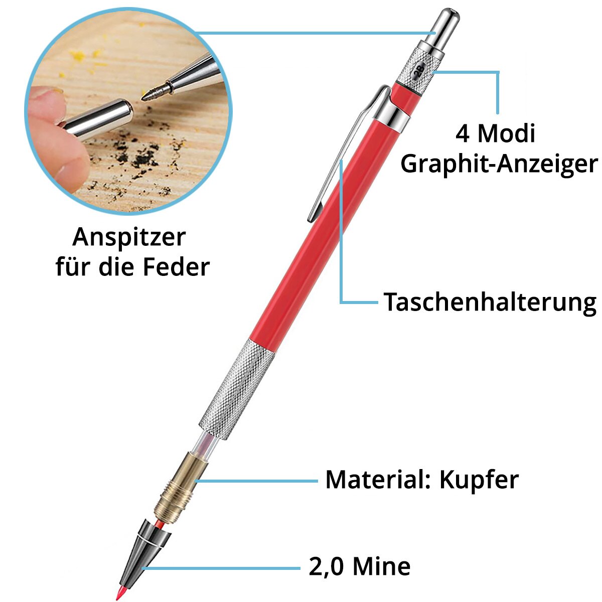 Crayon de marqueur profond en acier 4er avec 36 dates de remplacement et crayon pointu intégré | Bohrlochmarker | Crayon Zimmermann | Markierstift | Marqueur bauste | Crayon de pression