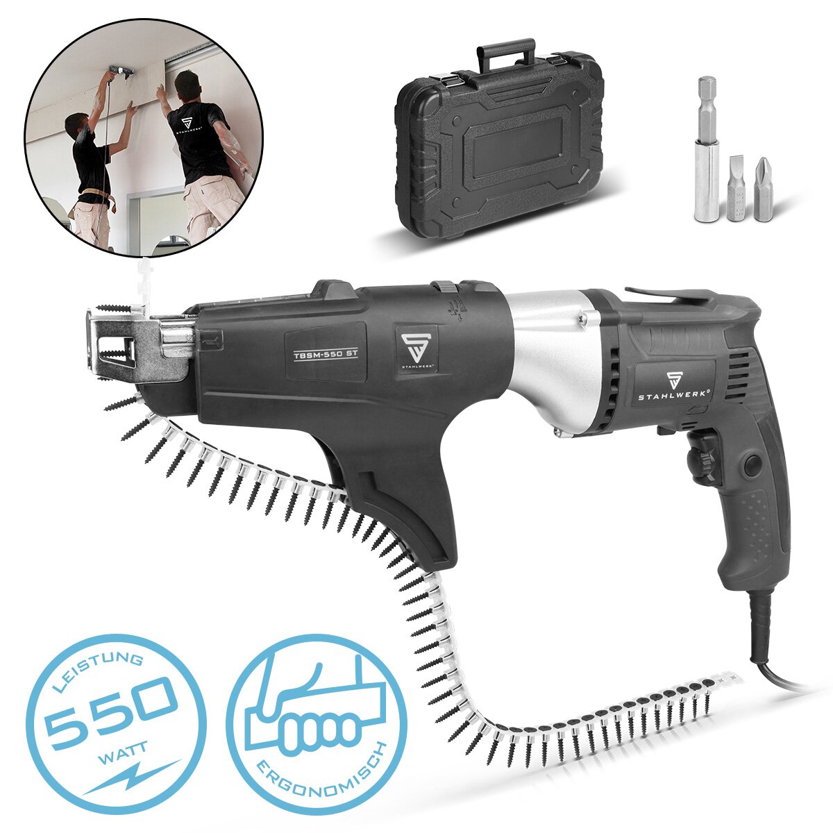 Steelworks drywall screwdriver with Magazine TBSM -550 ST with 550 W and 0 - 5500 rpm Quick screwdriver | Building screwdriver | Electric screwdriver | Quick building screwdriver | Magazine screwdriver