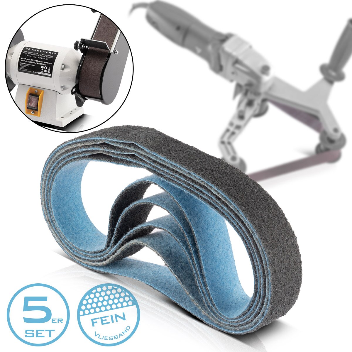 STAHLWERK Schleifvlies 5er Set feine Körnung 40 x 760 mm Schleifband | Vliesbänder | Poliervlies | Universal-Schleifbänder | Schleifmittel für Rohrbandschleifer, Bandschleifer und Schleifgeräte