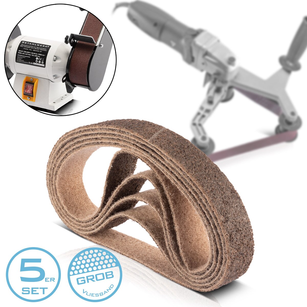 STAHLWERK Schleifvlies 5er Set grobe Körnung 40 x 760 mm Schleifband | Vliesbänder | Poliervlies | Universal-Schleifbänder | Schleifmittel für Rohrbandschleifer, Bandschleifer und Schleifgeräte