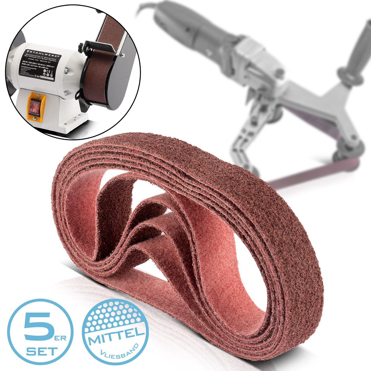 STAHLWERK Schleifvlies 5er Set mittlere Körnung 40 x 760 mm Schleifband | Vliesbänder | Poliervlies | Universal-Schleifbänder | Schleifmittel für Rohrbandschleifer, Bandschleifer und Schleifgeräte
