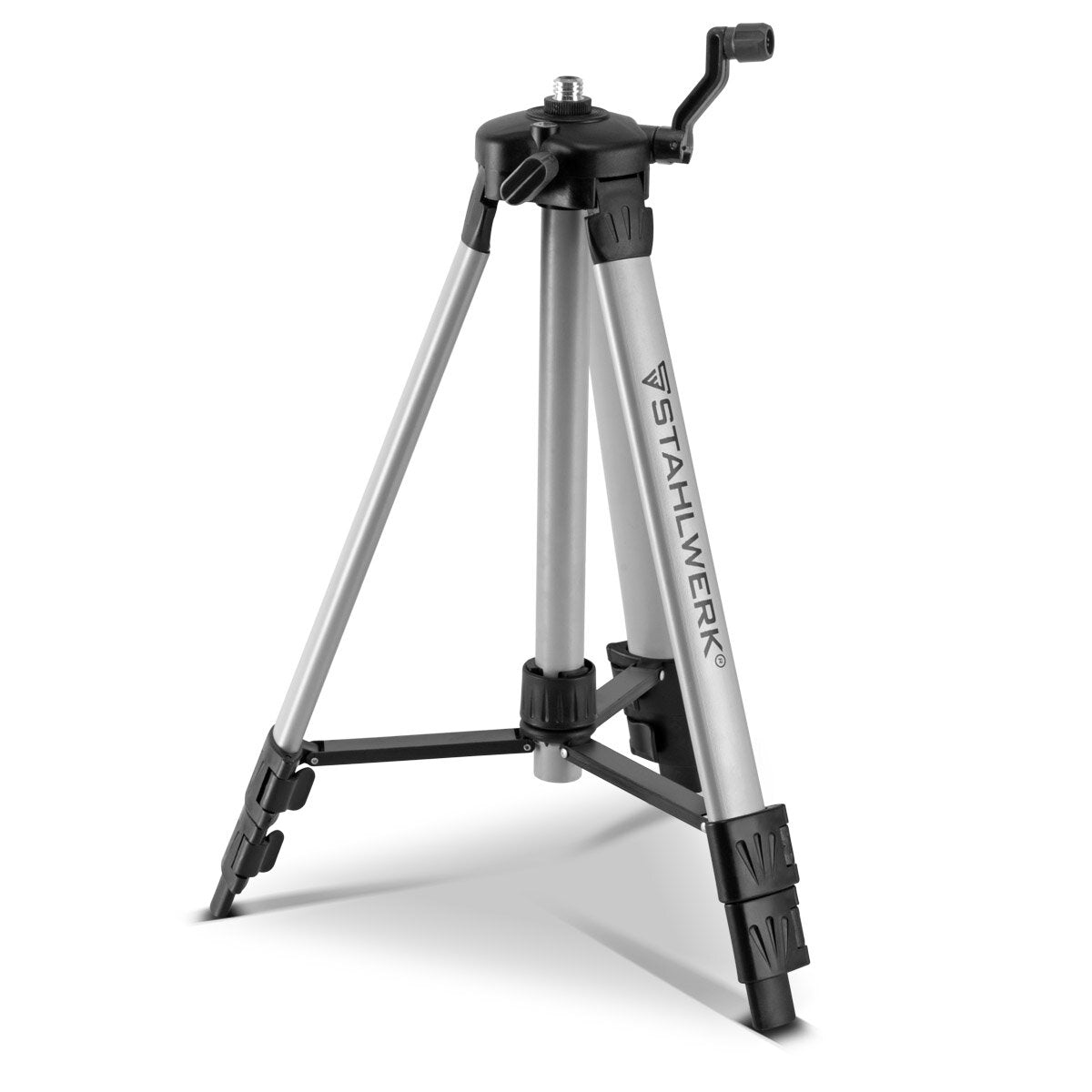 STAHLWERK Universal-Stativ für den STAHLWERK Kreuzlinienlaser KL-5 ST Teleskopstativ / Stativ / Dreibein-Stativ mit ausfahrbarer 280 mm Mittel-Säule, Kurbel und Nivellierlibelle