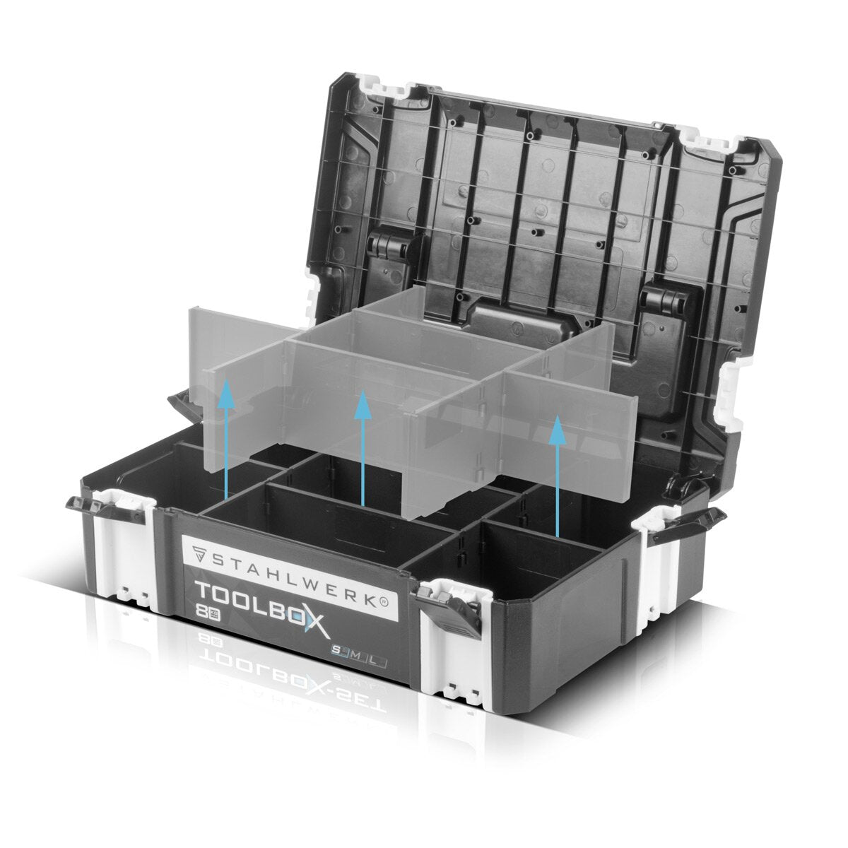 STAHLWERK Universal Toolbox mit Innenfach Größe S 443 x 310 x 128 mm stapelbare Systembox | Werkzeugkiste | Werkzeug-Organizer im Modul-System aus hochbelastbarem ABS-Kunststoff mit Tragegriff