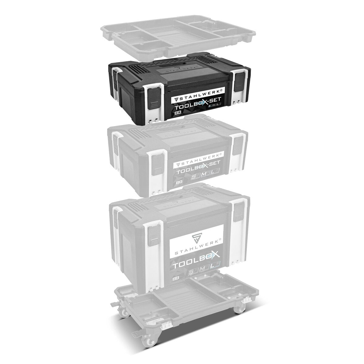 STAHLWERK Universal Toolbox mit Innenfach Größe S 443 x 310 x 128 mm stapelbare Systembox | Werkzeugkiste | Werkzeug-Organizer im Modul-System aus hochbelastbarem ABS-Kunststoff mit Tragegriff