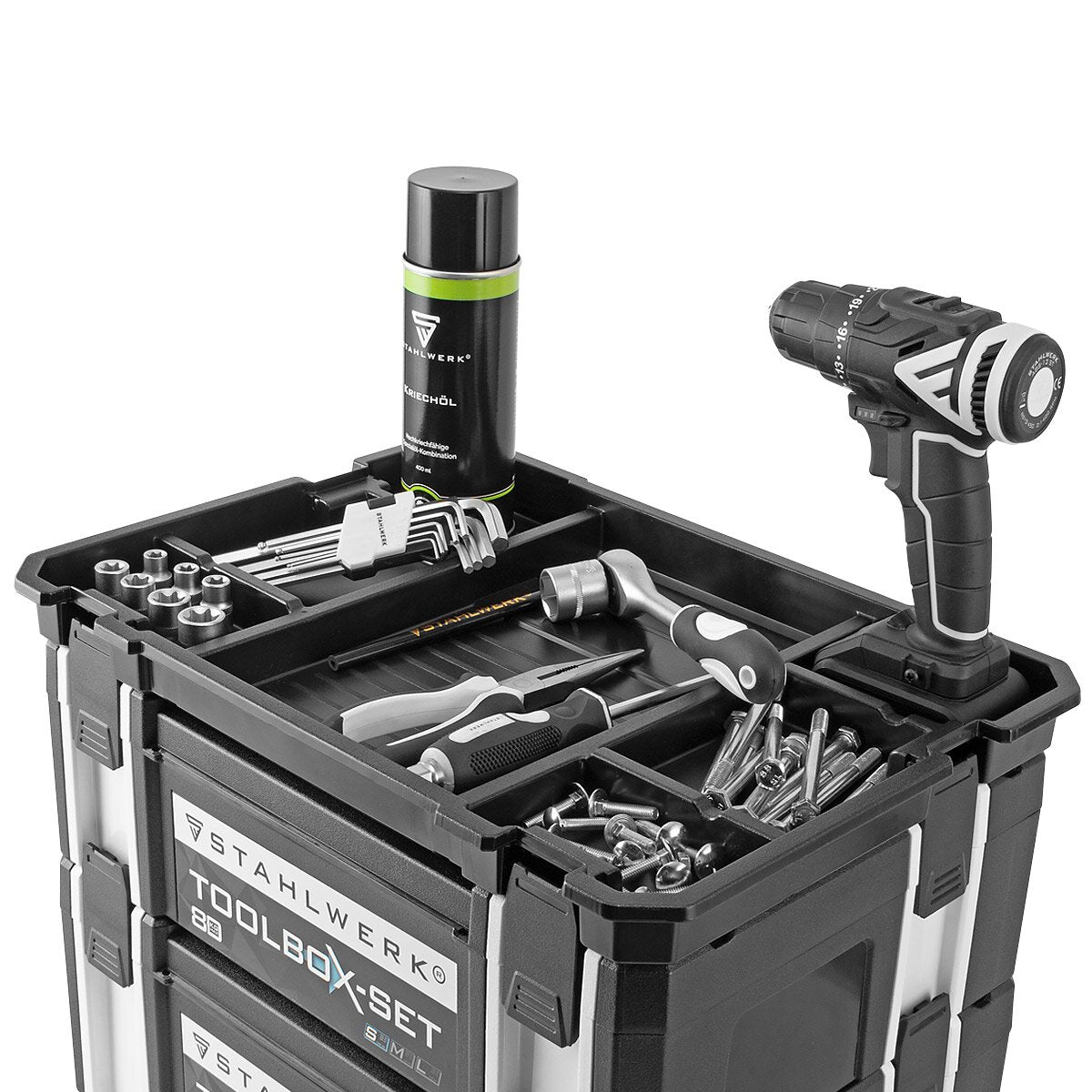STAHLWERK Universal Toolbox mit Innenfach Größe S 443 x 310 x 128 mm stapelbare Systembox | Werkzeugkiste | Werkzeug-Organizer im Modul-System aus hochbelastbarem ABS-Kunststoff mit Tragegriff