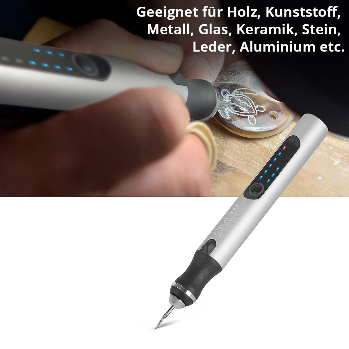 STAHLWERK USB-Gravierstift UG-300 ST mit 8 W Akku-Gravierer | Gravurstift | Graviergerät | Gravurgerät | Fräser | Gravurwerkzeug mit 3 Gängen und bis zu 18.000 U/min für präzise Graveurarbeiten