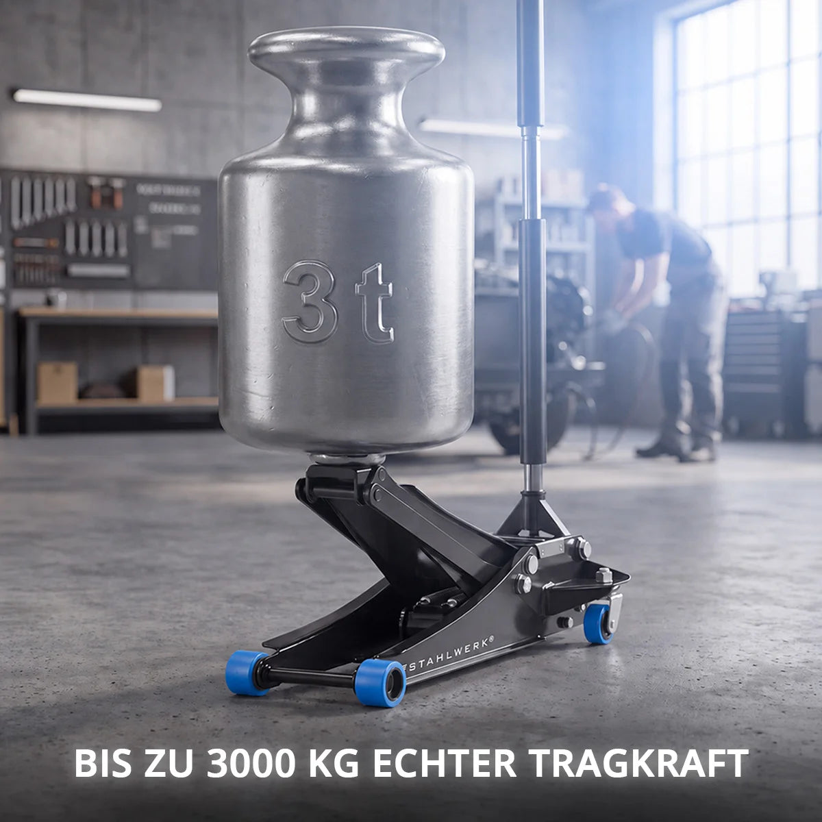 STAHLWERK Wagenheber WHB-73 ST | 3 t Tragkraft | Doppelhubkolben | 73-500 mm Hubhöhe | Extra flacher Rangierwagenheber | Hydraulik-Wagenheber | Schwarzer Autoheber | Blaue Silent-Rollen | 2 Gummipads