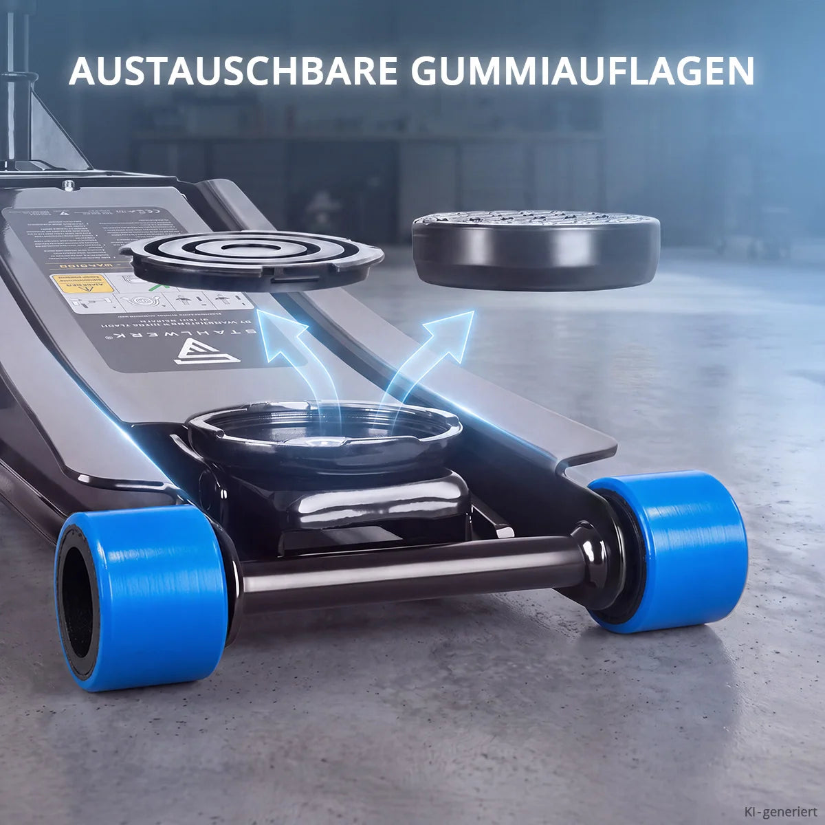 STAHLWERK Wagenheber WHB-73 ST | 3 t Tragkraft | Doppelhubkolben | 73-500 mm Hubhöhe | Extra flacher Rangierwagenheber | Hydraulik-Wagenheber | Schwarzer Autoheber | Blaue Silent-Rollen | 2 Gummipads