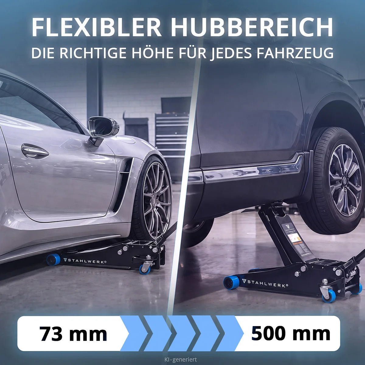STAHLWERK Wagenheber WHB-73 ST | 3 t Tragkraft | Doppelhubkolben | 73-500 mm Hubhöhe | Extra flacher Rangierwagenheber | Hydraulik-Wagenheber | Schwarzer Autoheber | Blaue Silent-Rollen | 2 Gummipads