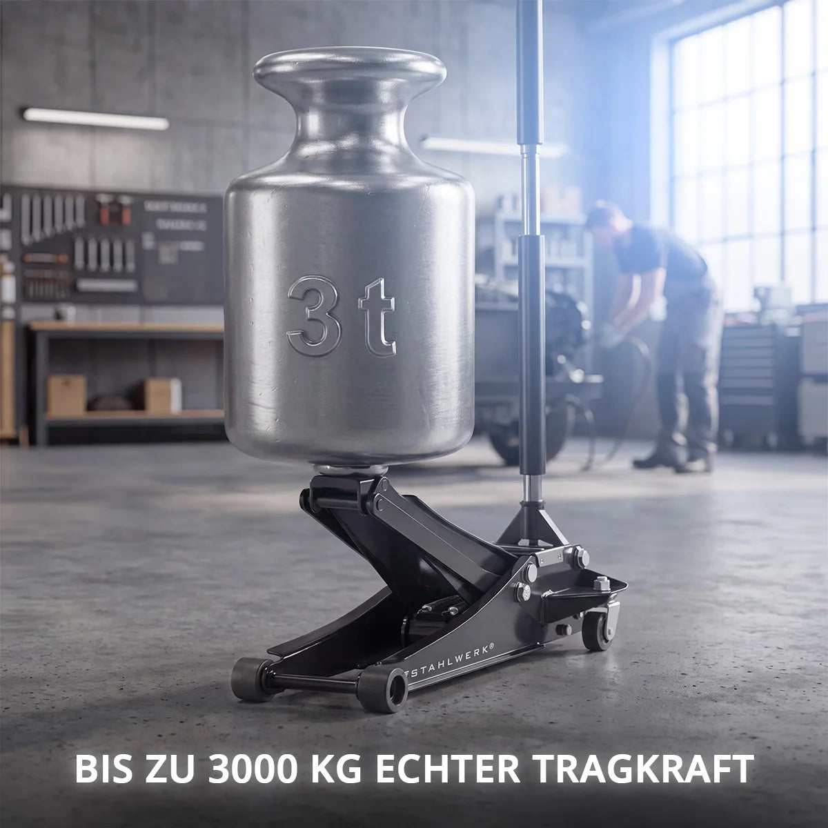 STAHLWERK car jack WHB-73 ST with 3 t load capacity, rubberized silent rollers, double lifting piston and 73-500 mm lifting range | Extra flat trolley jack | Hydraulic car jack | Black car jack