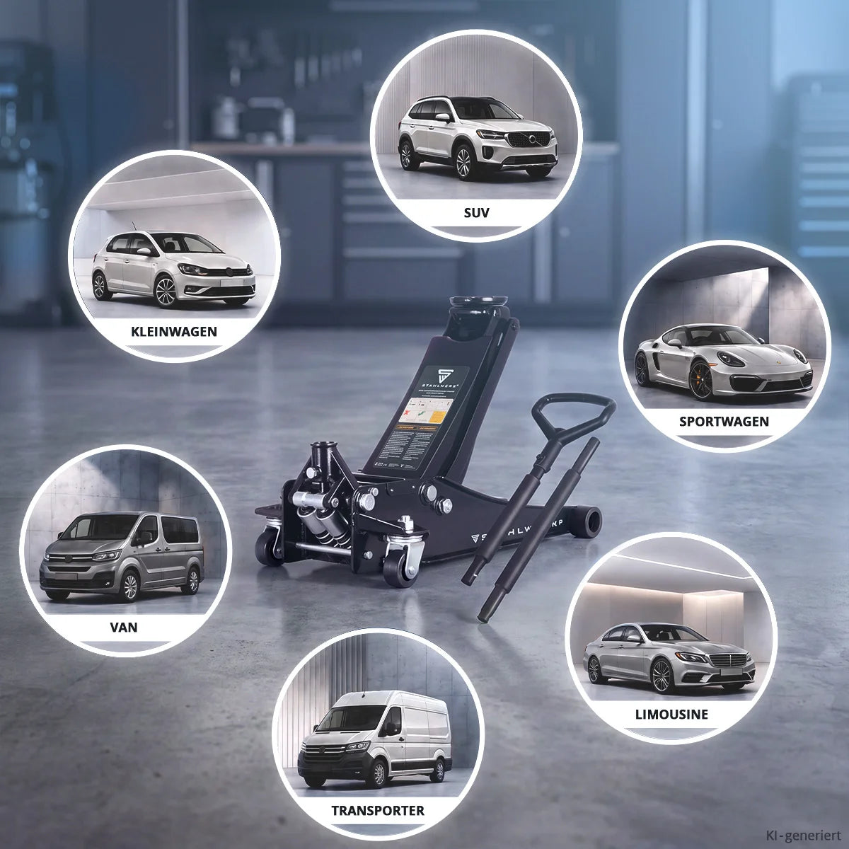 STAHLWERK car jack WHB-73 ST with 3 t load capacity, rubberized silent rollers, double lifting piston and 73-500 mm lifting range | Extra flat trolley jack | Hydraulic car jack | Black car jack