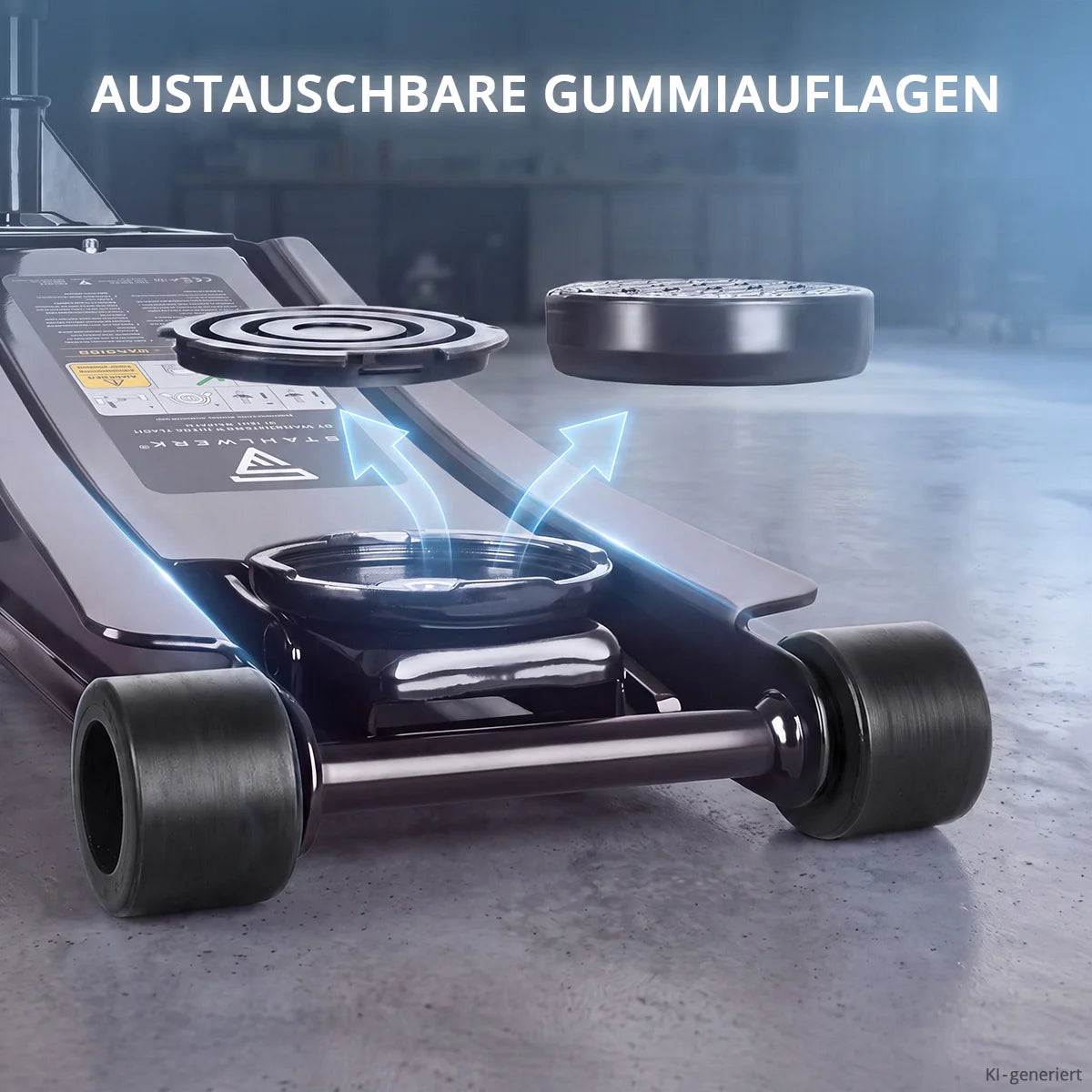 STAHLWERK car jack WHB-73 ST with 3 t load capacity, rubberized silent rollers, double lifting piston and 73-500 mm lifting range | Extra flat trolley jack | Hydraulic car jack | Black car jack
