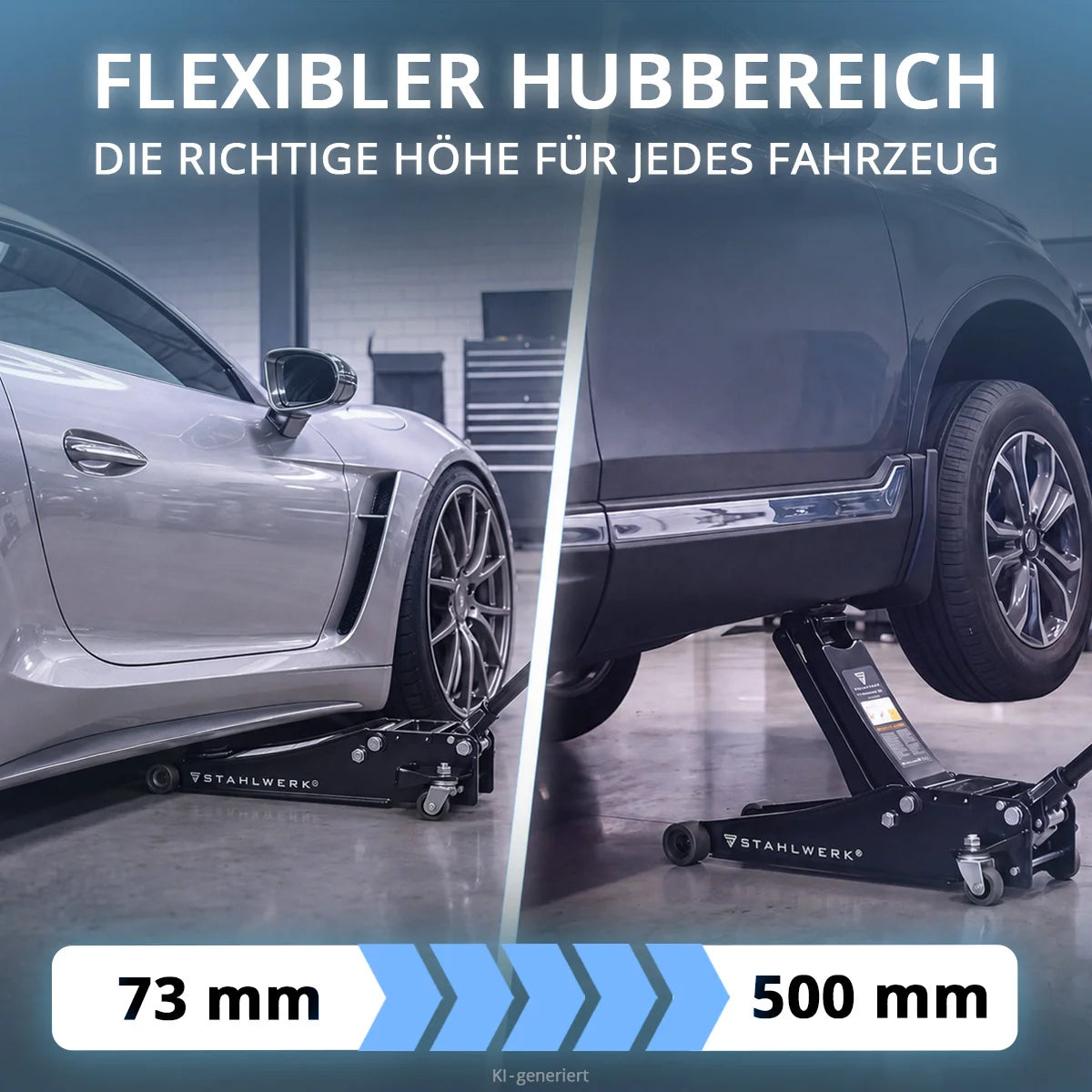 STAHLWERK car jack WHB-73 ST with 3 t load capacity, rubberized silent rollers, double lifting piston and 73-500 mm lifting range | Extra flat trolley jack | Hydraulic car jack | Black car jack