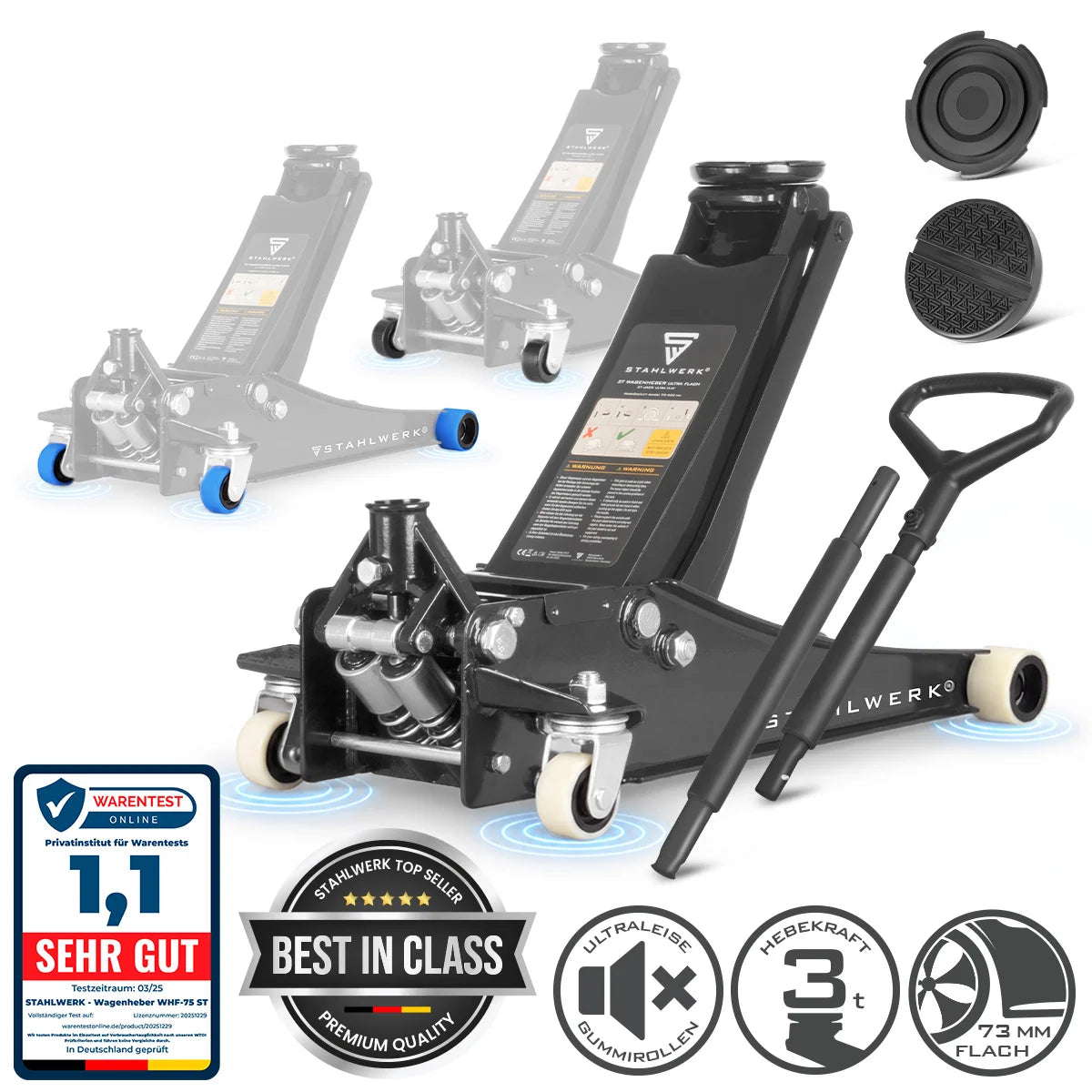 STAHLWERK Wagenheber WHB-73 ST | 3 t Tragkraft | Doppelhubkolben | 73-500 mm Hubhöhe | Extra flacher Rangierwagenheber | Hydraulik-Wagenheber | Schwarzer Autoheber | Weisse Silent-Rollen | 2 Gummipads
