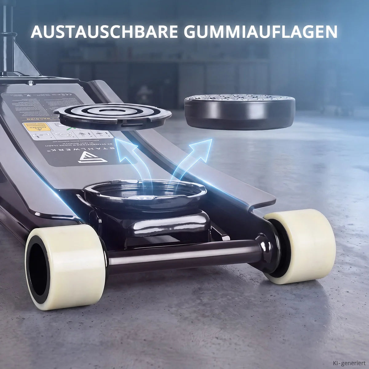 STAHLWERK Wagenheber WHB-73 ST | 3 t Tragkraft | Doppelhubkolben | 73-500 mm Hubhöhe | Extra flacher Rangierwagenheber | Hydraulik-Wagenheber | Schwarzer Autoheber | Weisse Silent-Rollen | 2 Gummipads