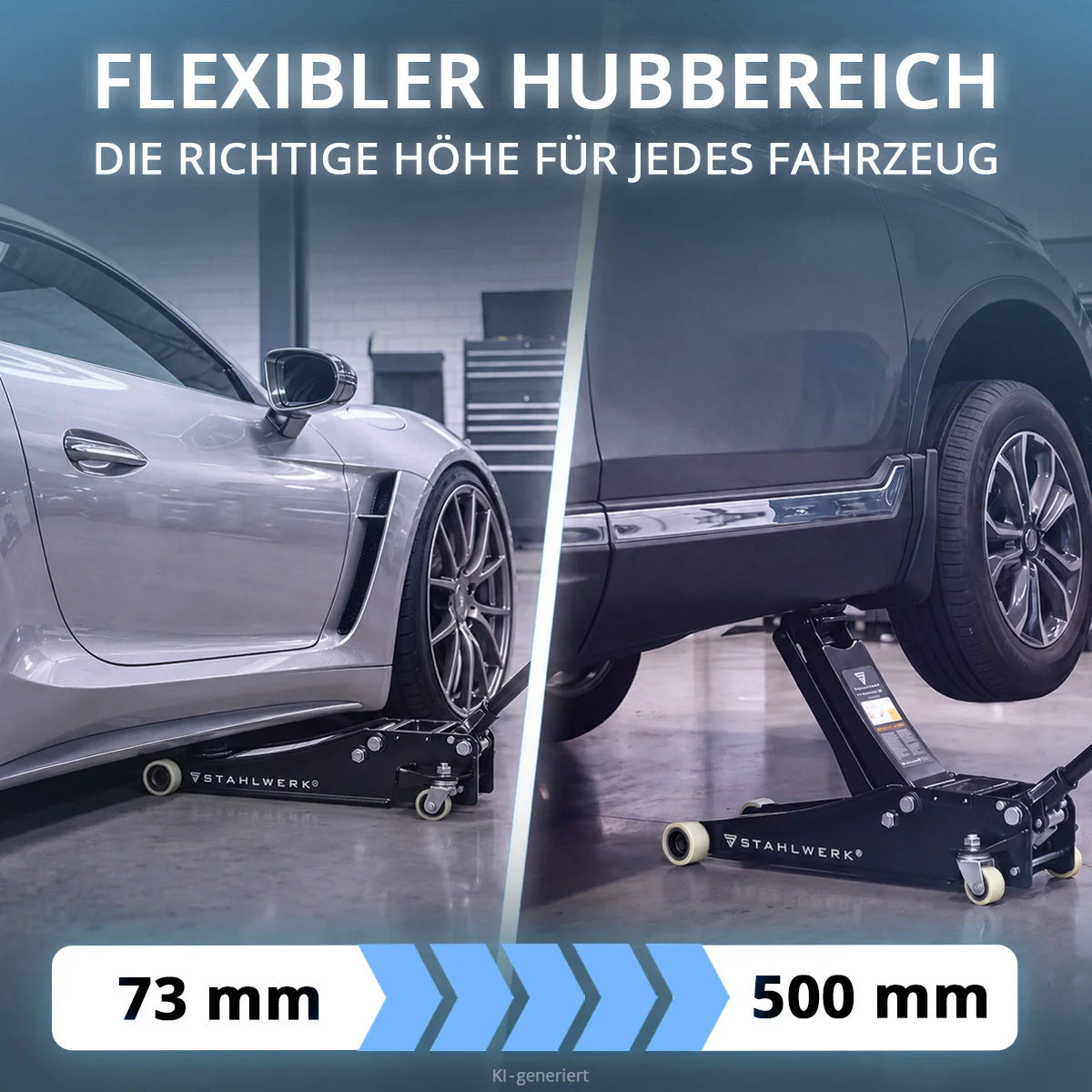 STAHLWERK Wagenheber WHB-73 ST | 3 t Tragkraft | Doppelhubkolben | 73-500 mm Hubhöhe | Extra flacher Rangierwagenheber | Hydraulik-Wagenheber | Schwarzer Autoheber | Weisse Silent-Rollen | 2 Gummipads