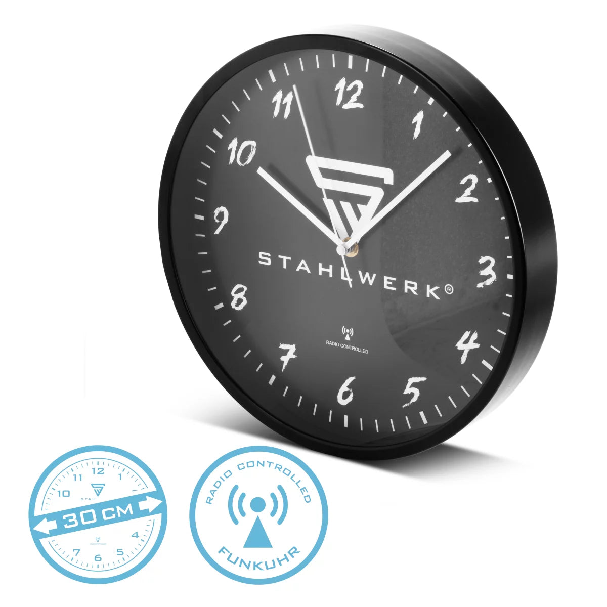 Reloj de pared de Steelwork 30 cm Reloj Black Workshop | Reloj de radio | Reloj Reloj de Radio | Reloj de oficina | Reloj de cocina con carcasa de aluminio y reloj RCC