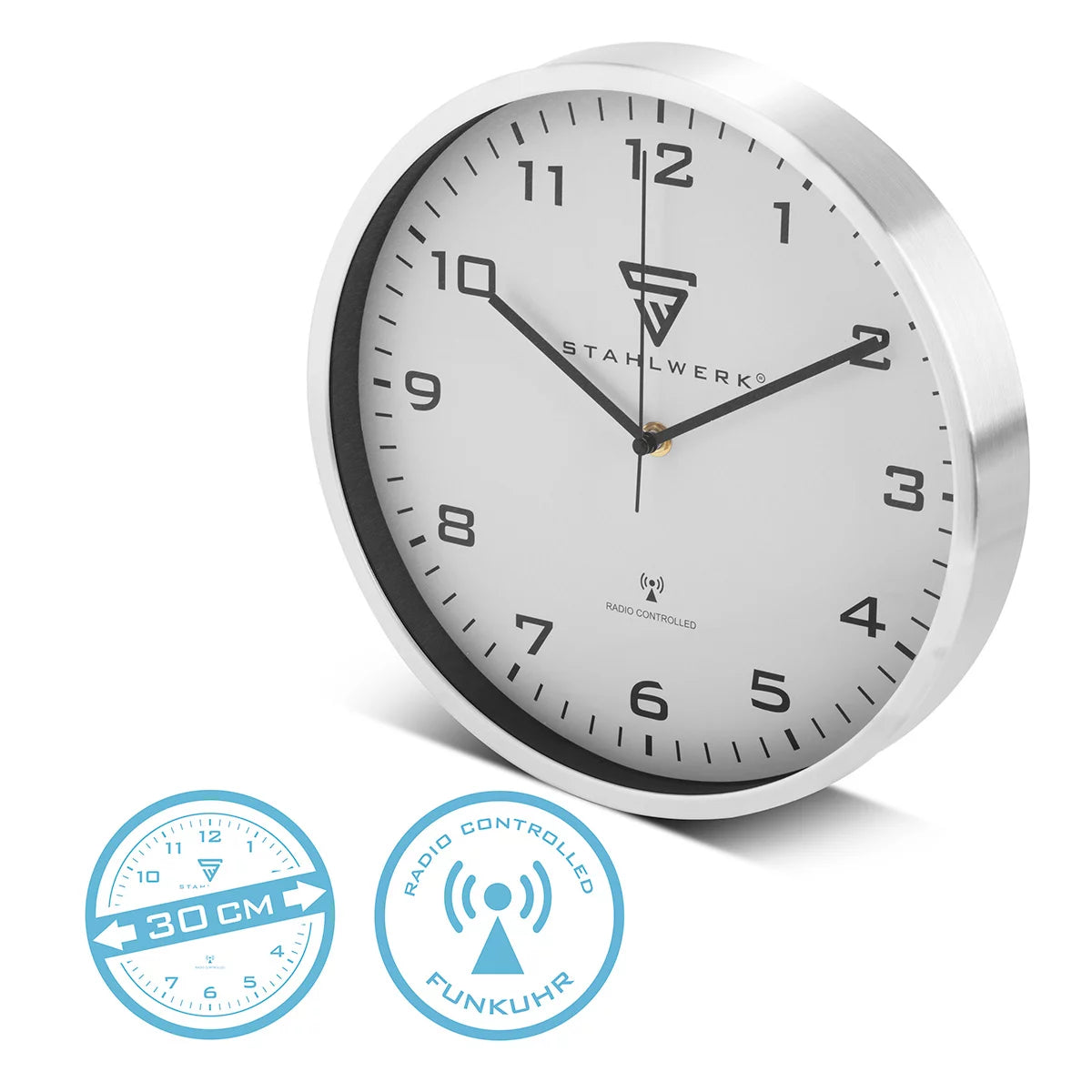 Orologio da parete in acciaio da 30 cm orologio in argento | Radio Clock | Orologio da parete radio | Orologio per ufficio | Orologio da cucina con alloggiamento in alluminio e orologio RCC