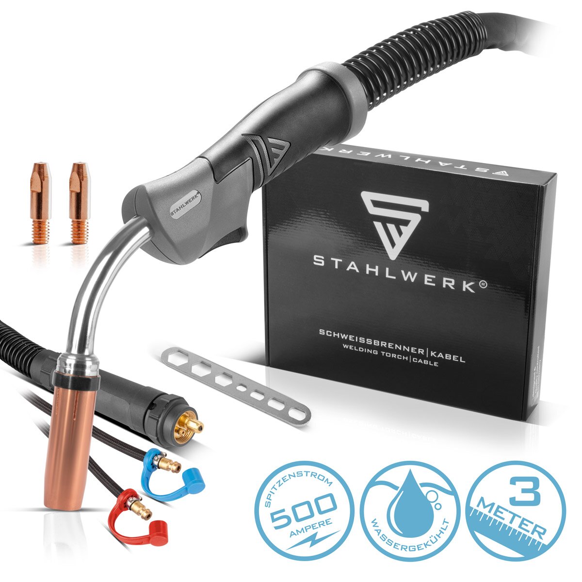 Steel mill water -cooled Mig Mag welding torch AK501D | MB501D to 500 A with 3 m protective gas hose package and Euro central connection