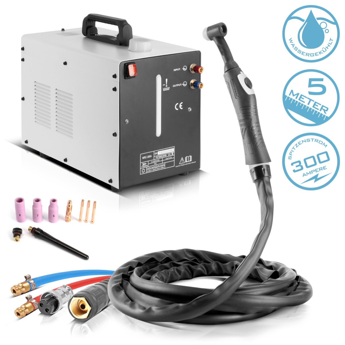 Steelwork of water -cooled WIG welding burner WP18 | SR18 to 300 A with 5 m protective gas hose package including water cooler with 370 W and 6 l tank
