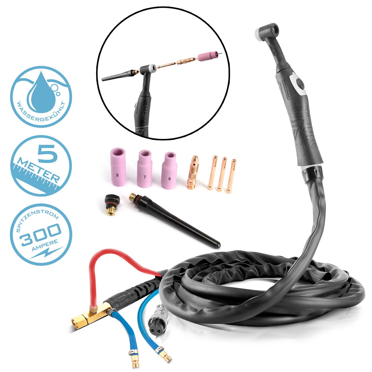 Steelwork of water -cooled WIG welding burner WP18 | SR18 to 300 A with 5 m protective gas hose package for WIG welding equipment
