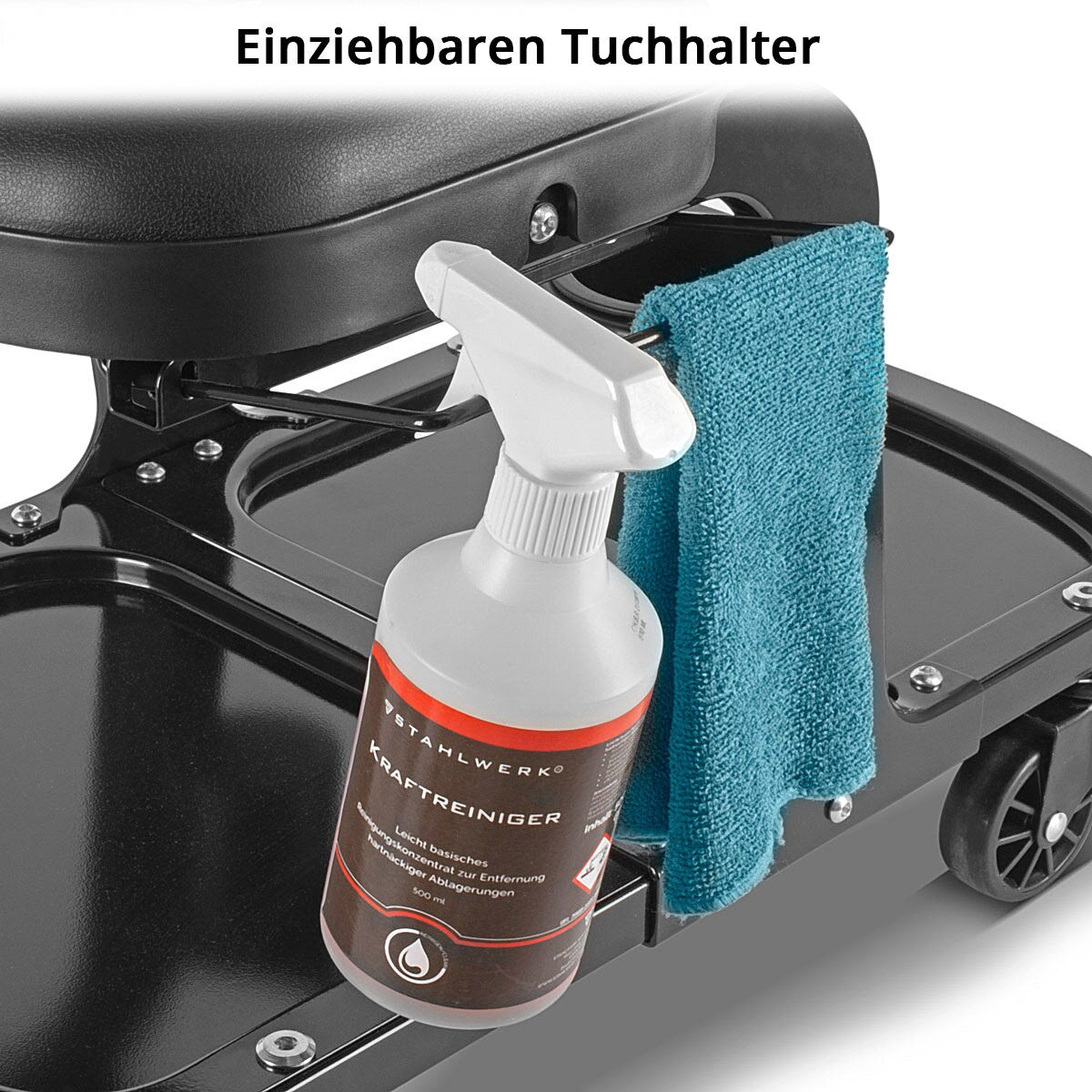 STAHLWERK Werkstatthocker WRS-135 ST bis 135 kg belastbar mit zwei Dosen- / Flaschenhaltern, Ablagemulden, Werkzeughalter und Tuchhalterung, Werkstattrollsitz / Rollsitz mit kugelgelagerten Leichtlauf-Lenkrollen