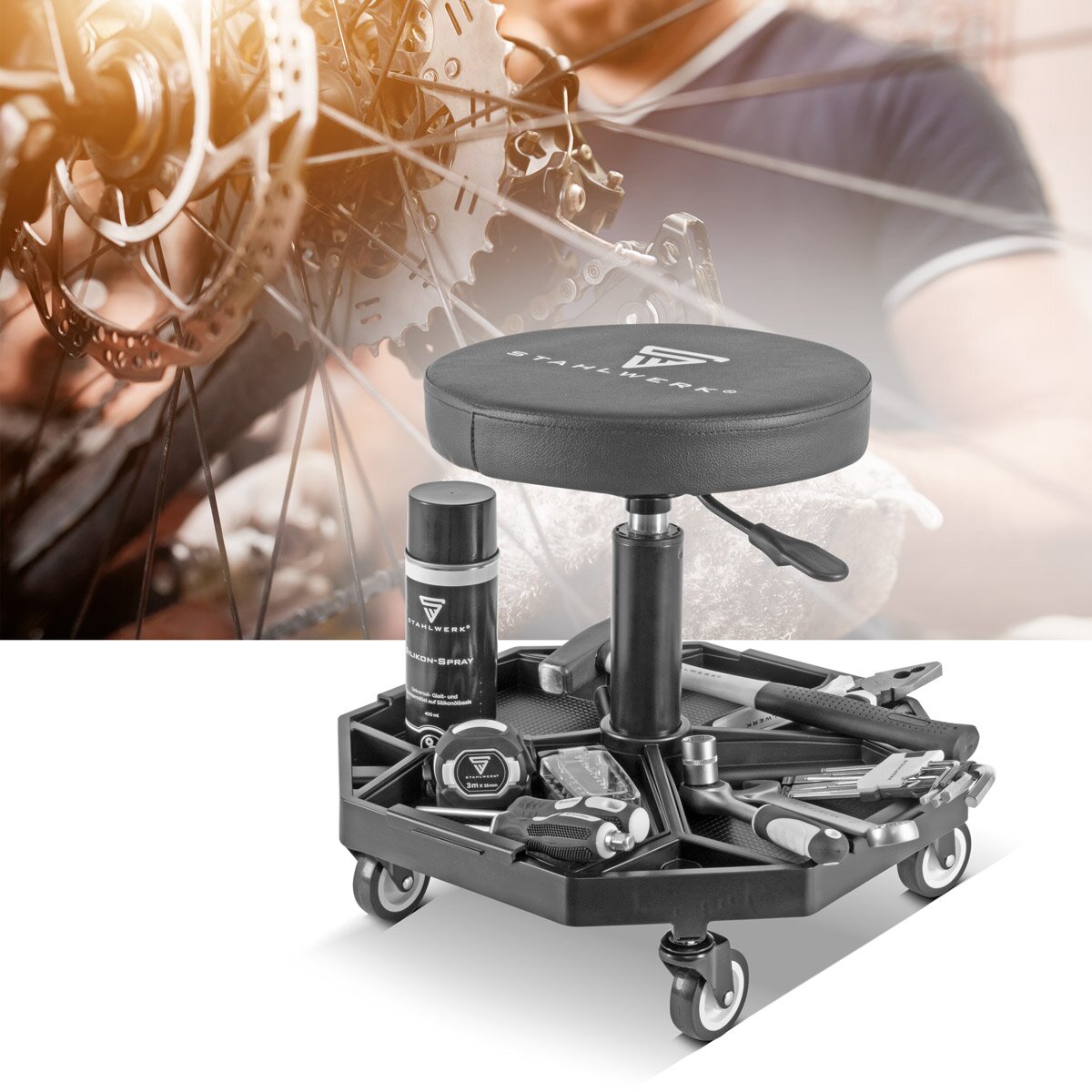 Steelworks height-adjustable workshop stool WRH-136 ST up to 136 kg resilient, 40-54 cm seat height, with four removable storage compartments, rolling seat / roller stool with ball-bearing light row rollers