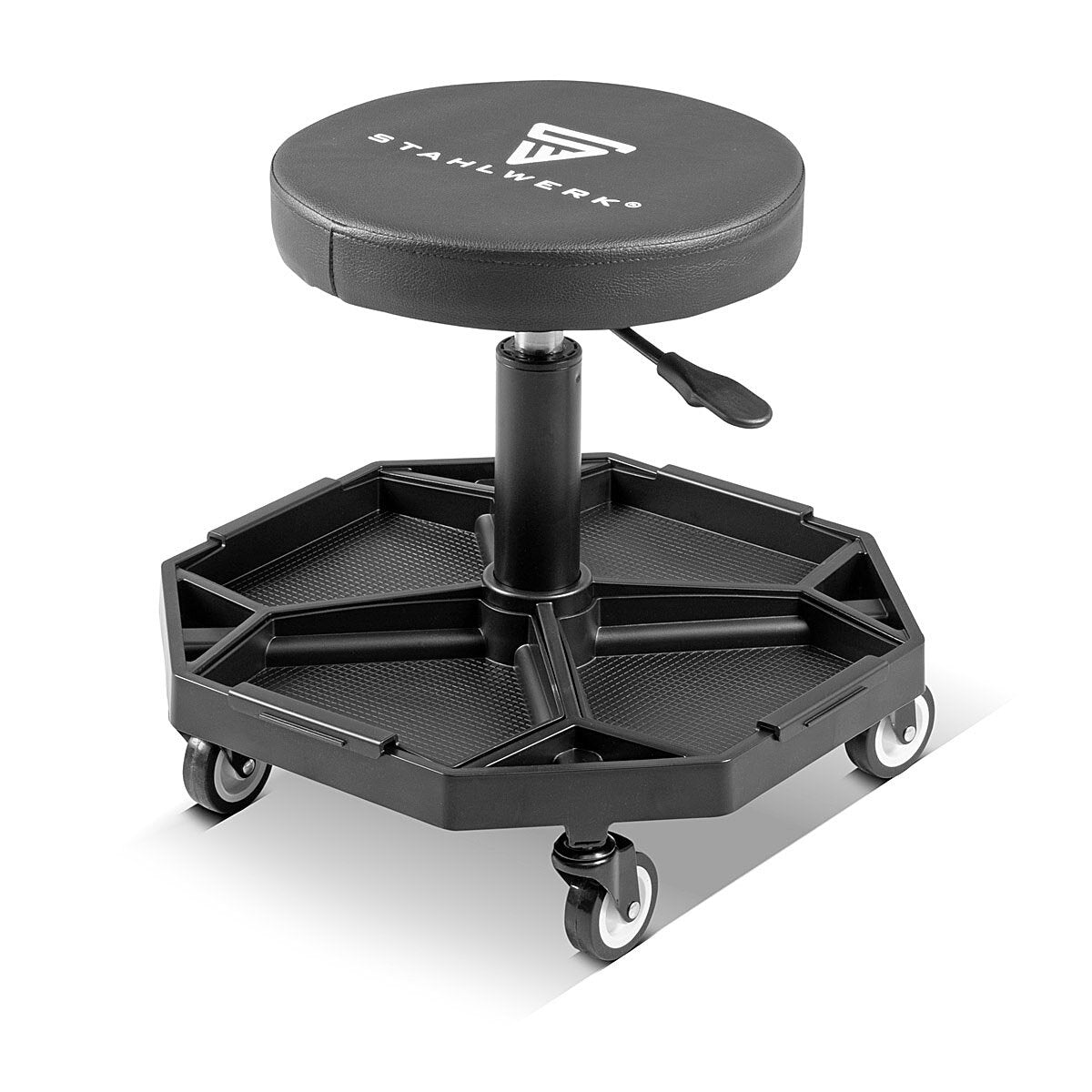 Steelworks height-adjustable workshop stool WRH-136 ST up to 136 kg resilient, 40-54 cm seat height, with four removable storage compartments, rolling seat / roller stool with ball-bearing light row rollers