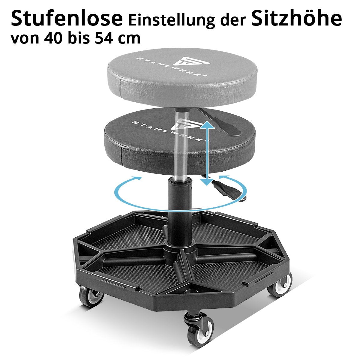 Steelworks height-adjustable workshop stool WRH-136 ST up to 136 kg resilient, 40-54 cm seat height, with four removable storage compartments, rolling seat / roller stool with ball-bearing light row rollers