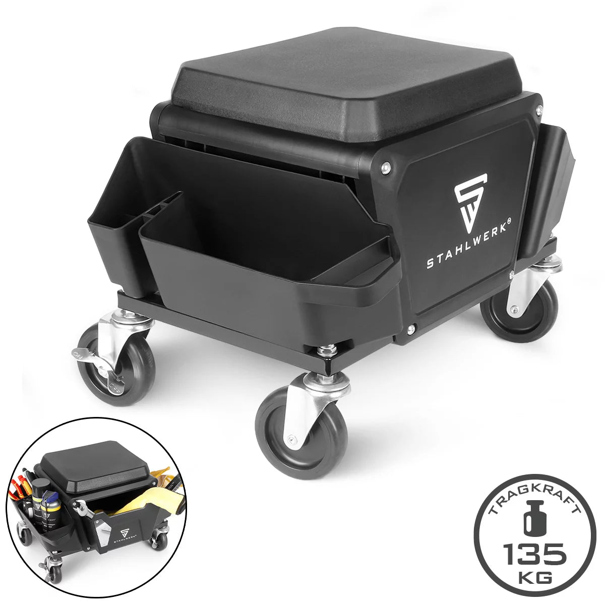 STAHLWERK Werkstatthocker MMH-135 ST | Rollbarer Werkstattsitz mit Schublade und Seitenfächern | Mechaniker-Sitz mit 4 Lenkrollen | Abnehmbares Sitzpolster als Knieschutz | Rollhocker für Werkstatt