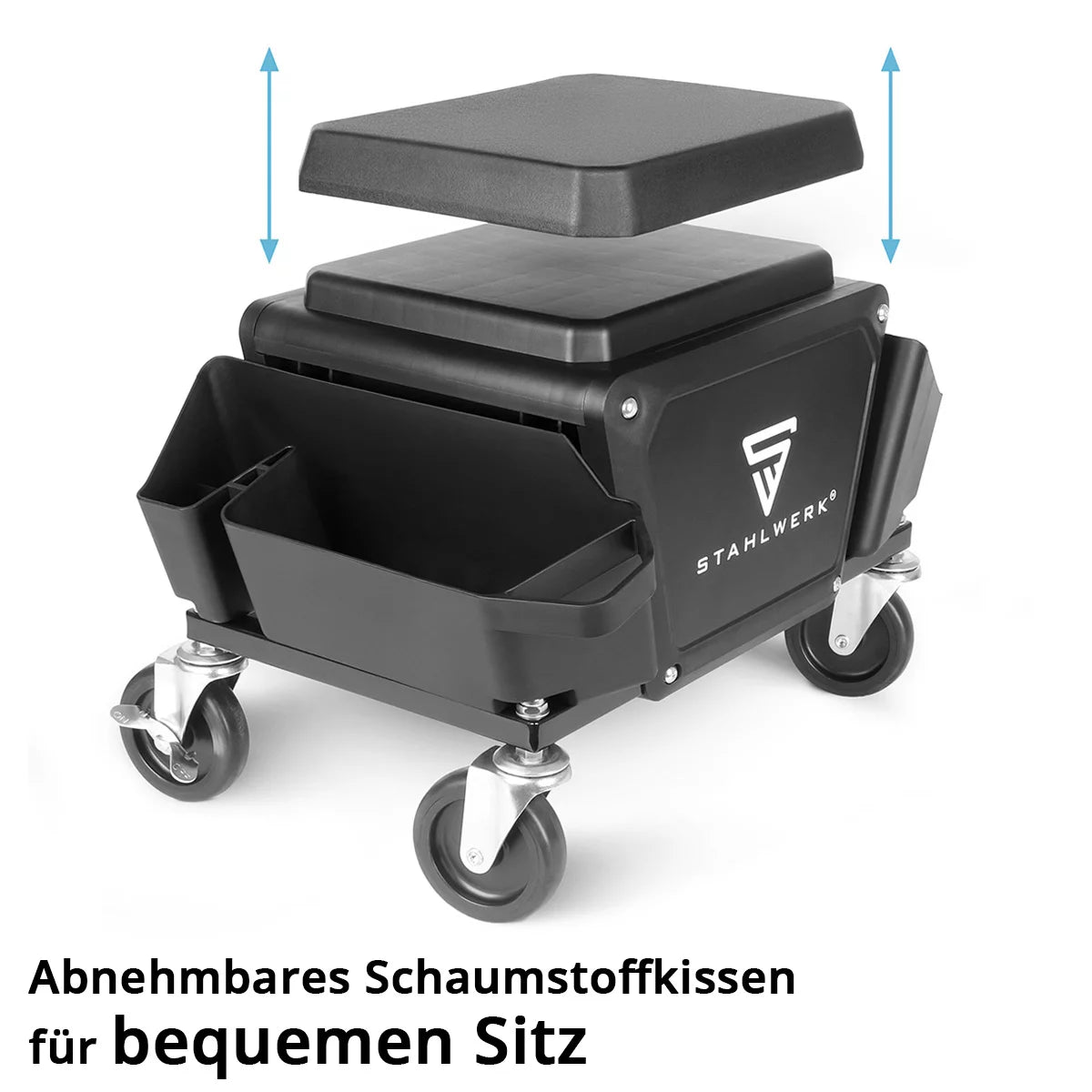 STAHLWERK Werkstatthocker MMH-135 ST | Rollbarer Werkstattsitz mit Schublade und Seitenfächern | Mechaniker-Sitz mit 4 Lenkrollen | Abnehmbares Sitzpolster als Knieschutz | Rollhocker für Werkstatt